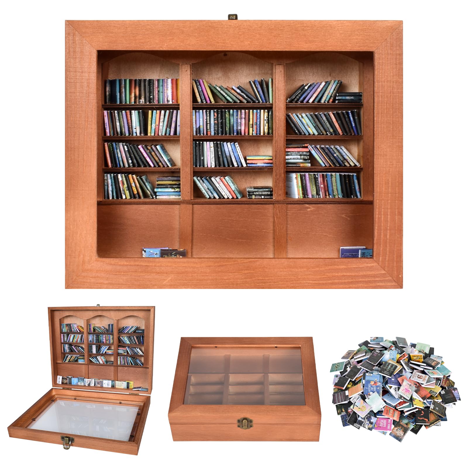 Zimoer Anxiety Mini Bookshelf, Miniature Book Display Shelf Ornament with 200Pcs Mini Books, Funny Gifts for Book Lovers, Home Room Living Office Bookshelf Decor -25 * 20 * 7cm