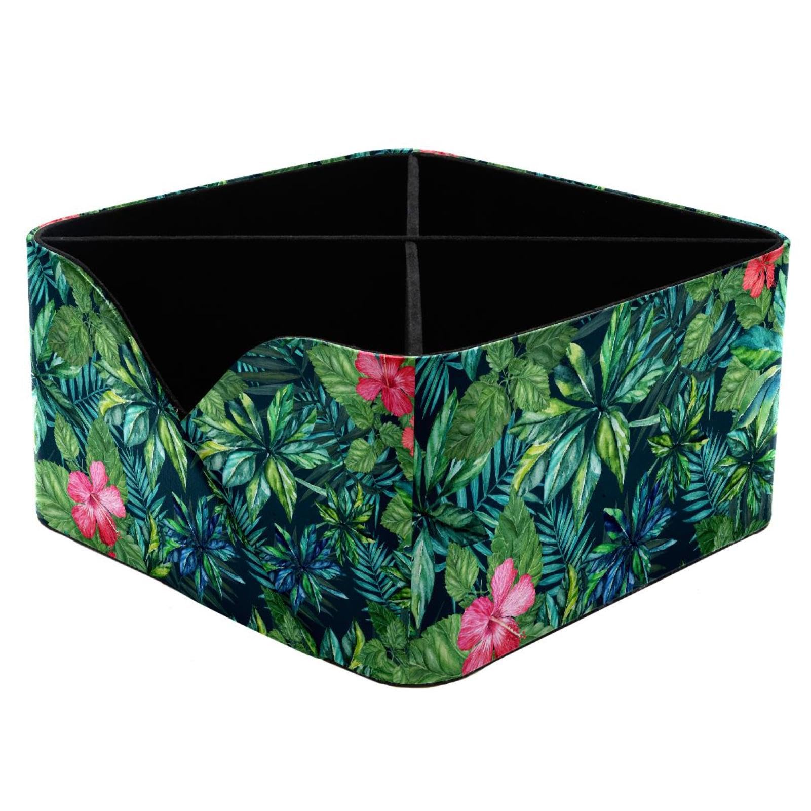 KengjuTesu Hibiscus Flowers Palm Leaves Desktop Organizer Pen Holder, Rectangular Pencil Cup for Office, Study and Makeup Stations