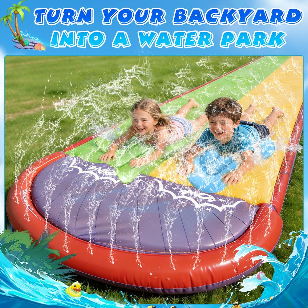 Wasserrutsche Garten für Kinder 19.7ft 600cm mit 2 Bodyboard Doppelrutsche eingebautem Sprinkler Outdoor