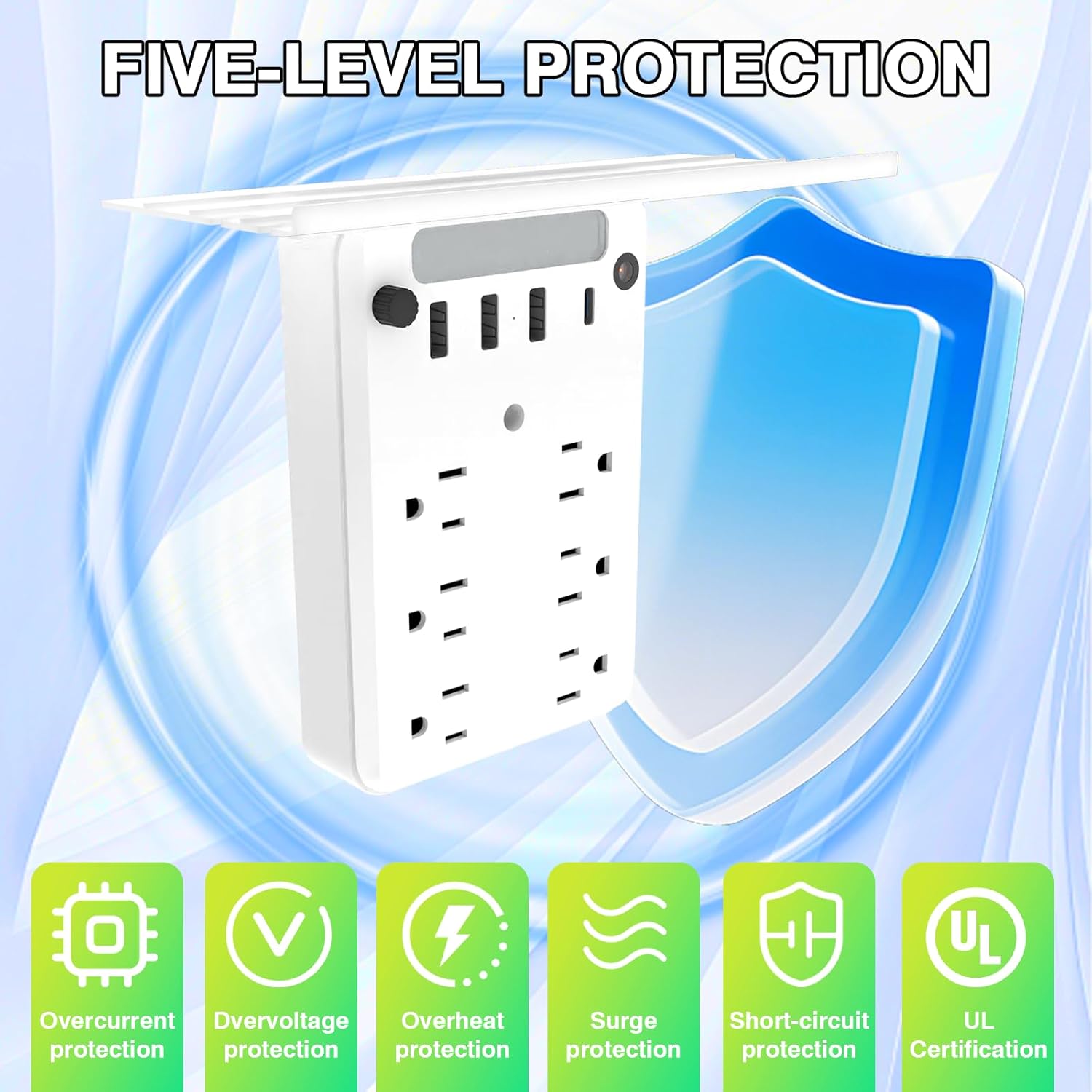 Wall Outlet Extender with Shelf & Night Light, 2026 New 11-in-1 Surge Protector Power Strip: 6 AC Outlets, 3 USB Ports + USB-C, Flat Plug - for Home, Dorm, Travel