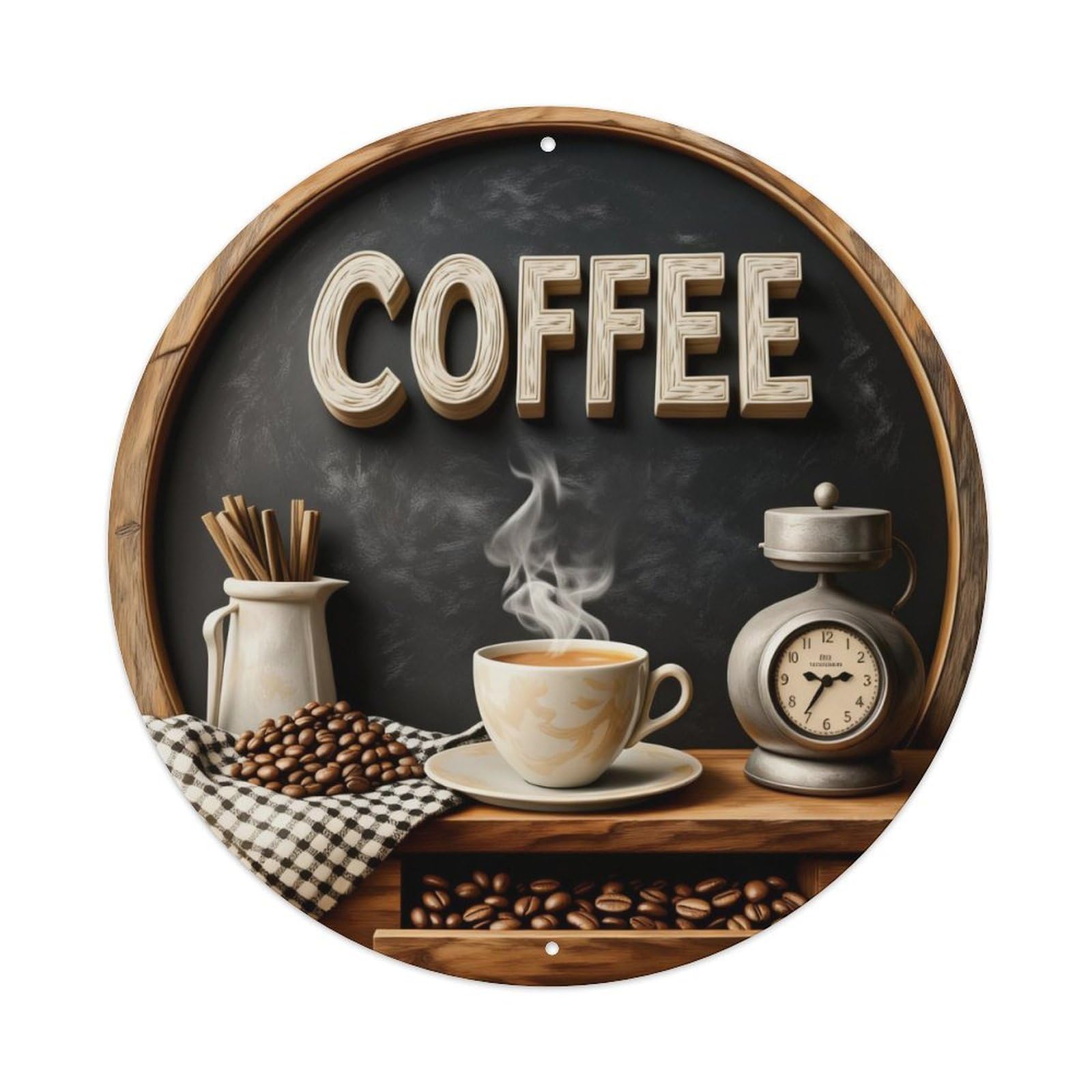 Coffee Beans Cup Clock Jar Round Metal Tin Sign Vintage Wall Decor, Bar Garage Cafe Kitchen Home Wall Art Poster 8x8inches