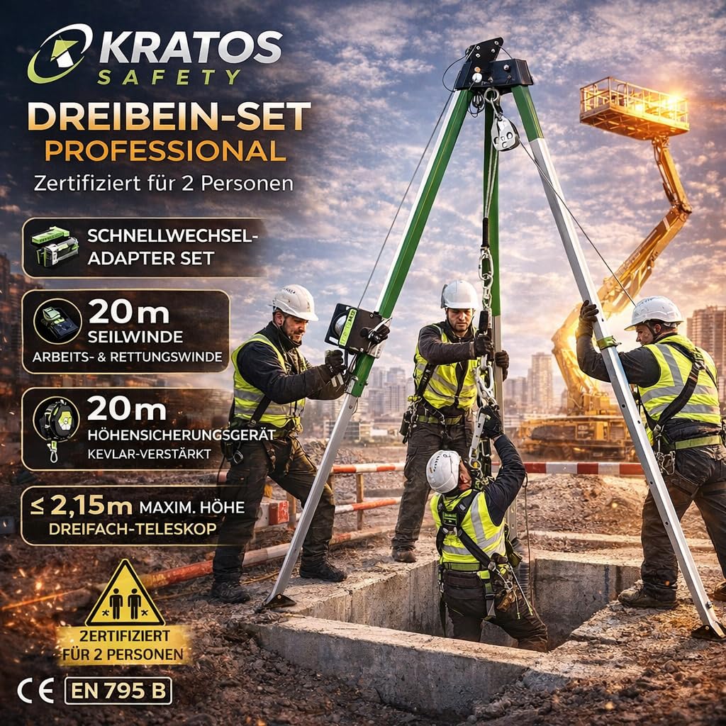 Kratos Safety Professional - Juego de tres patas, cabrestante de trabajo y rescate, 20 m, dispositivo de seguridad de altura, adaptador de cambio rápido