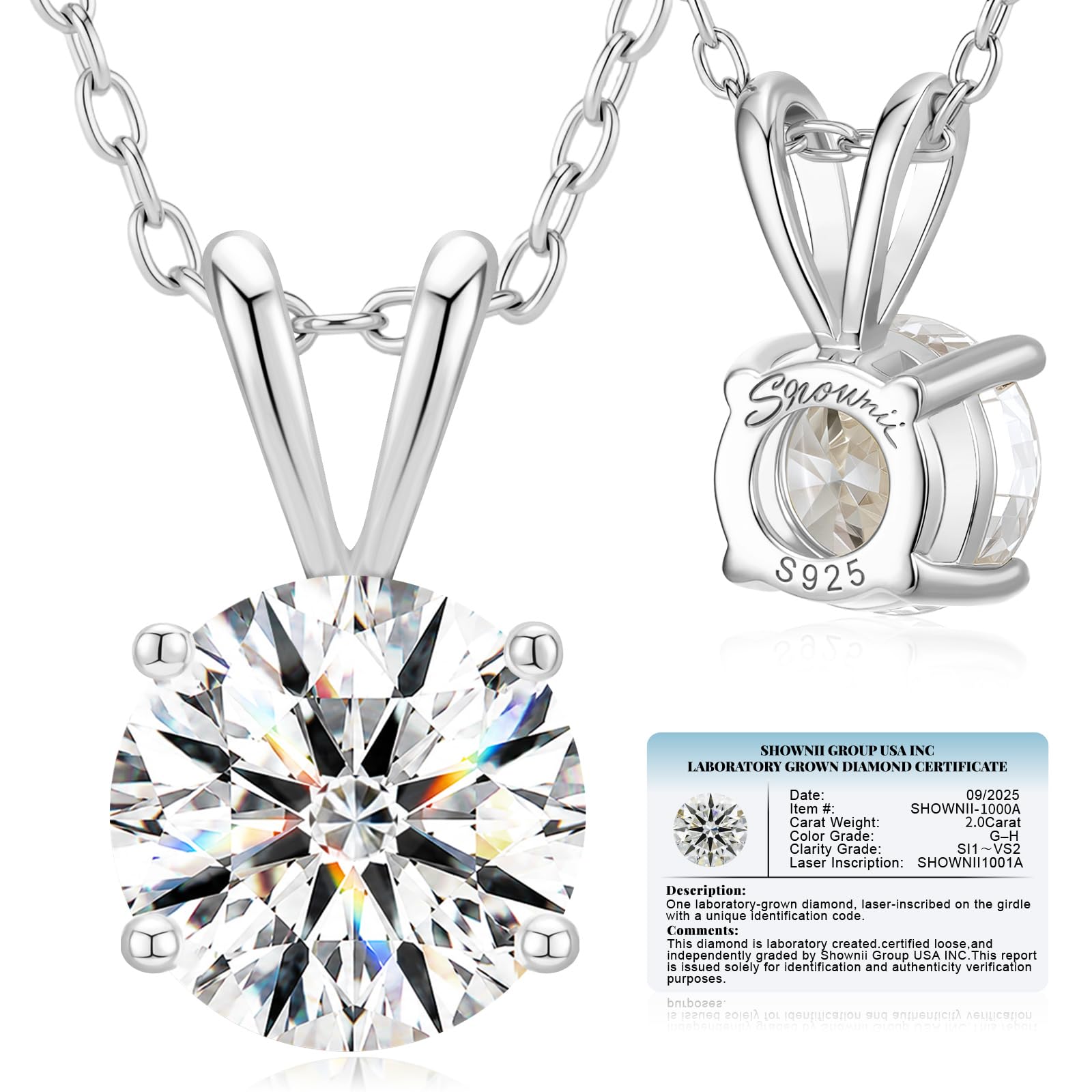 shownii 0.25-2CT Lab Grown Diamond Solitaire Pendant Necklace