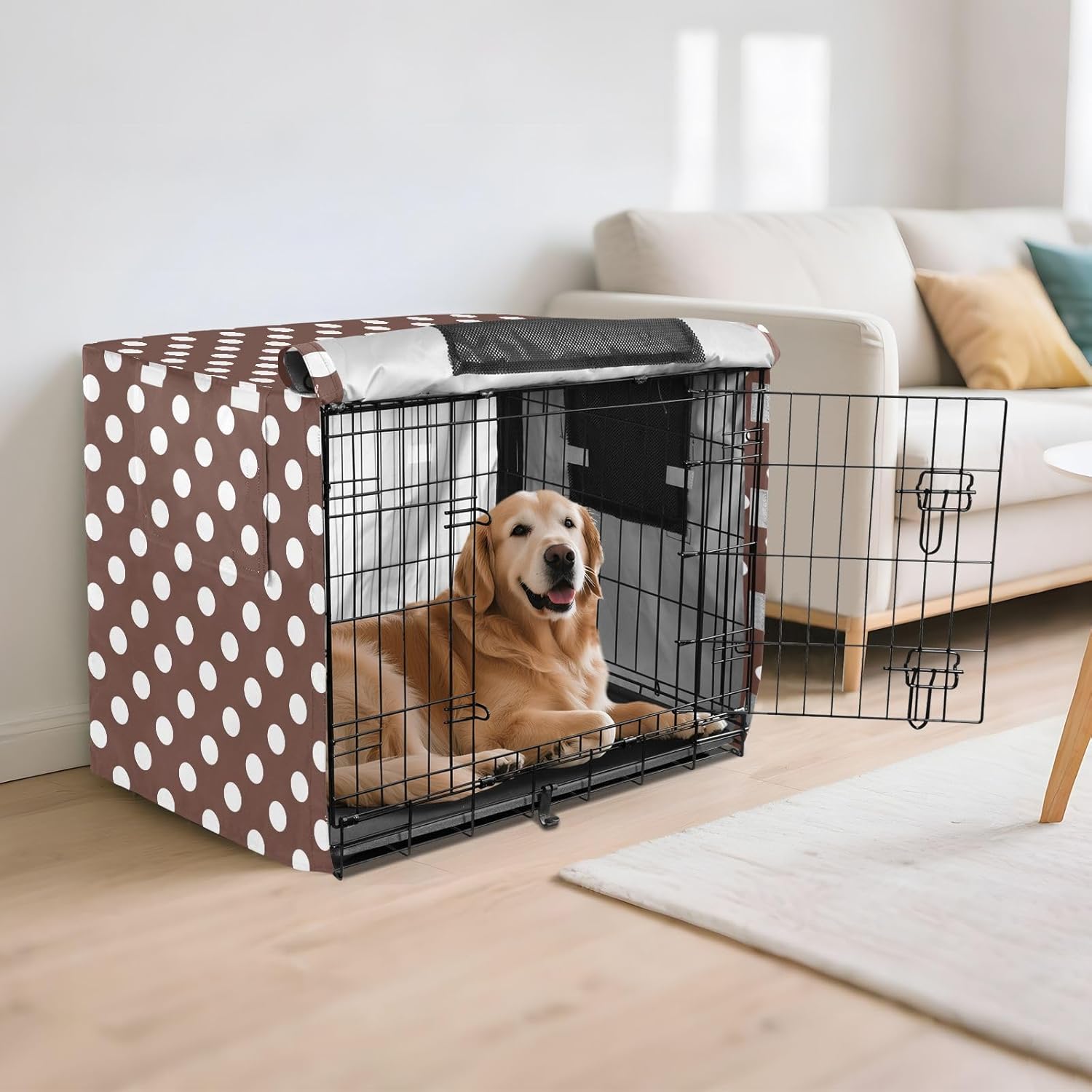 White Brown Retro Polka Dot Dog Crate Covers S-XL UV-Resistant Pet Kennel Cover with Mesh Windows, Reduces Barking, X-Large