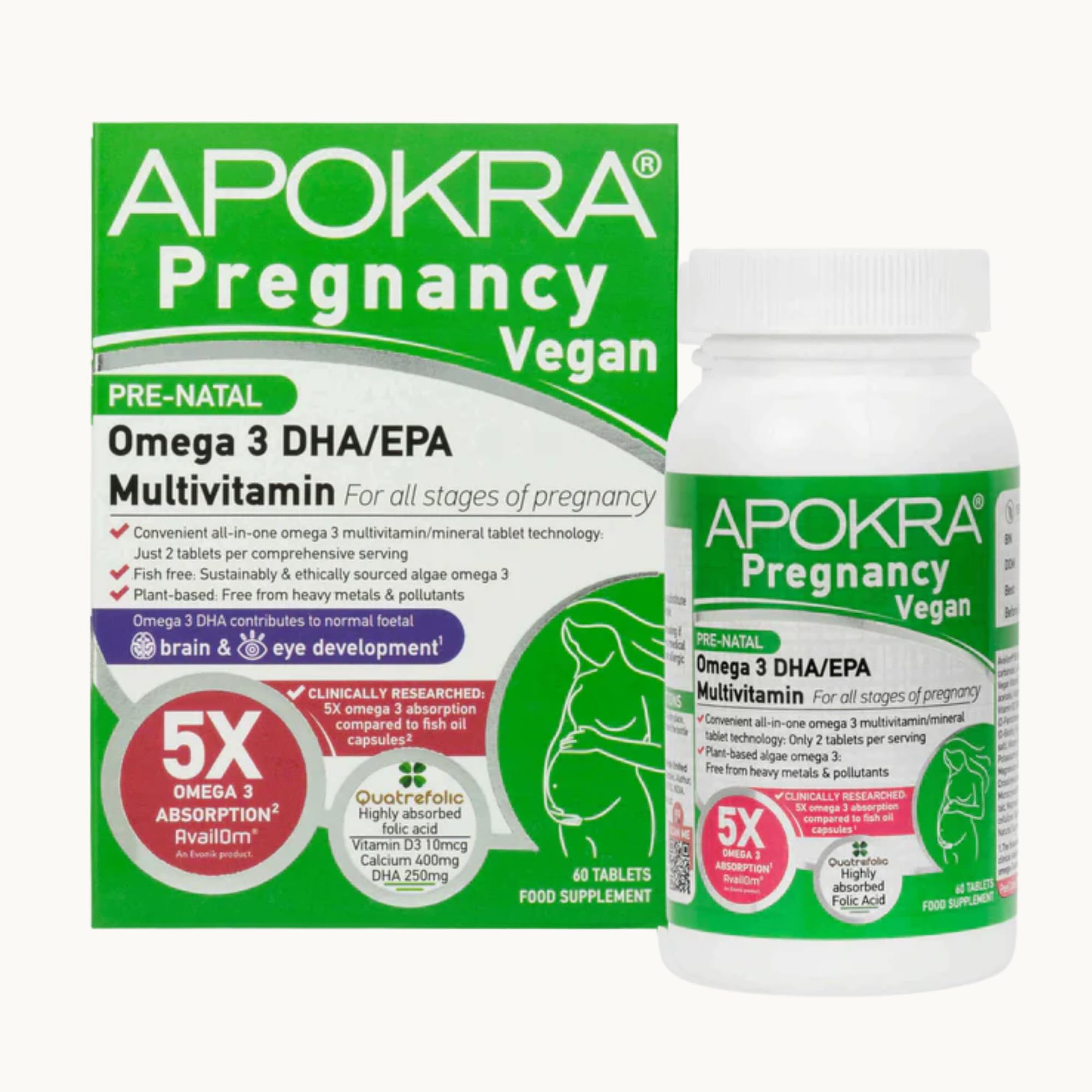Schwangerschaftsvitamine Vegan – Omega-3 Algenöl & Folsäure (Quatrefolic) – 25 Nährstoffe für Kinderwunsch & Schwangerschaft mit Eisen, Jod & DHA – 60 Tabletten | APOKRA