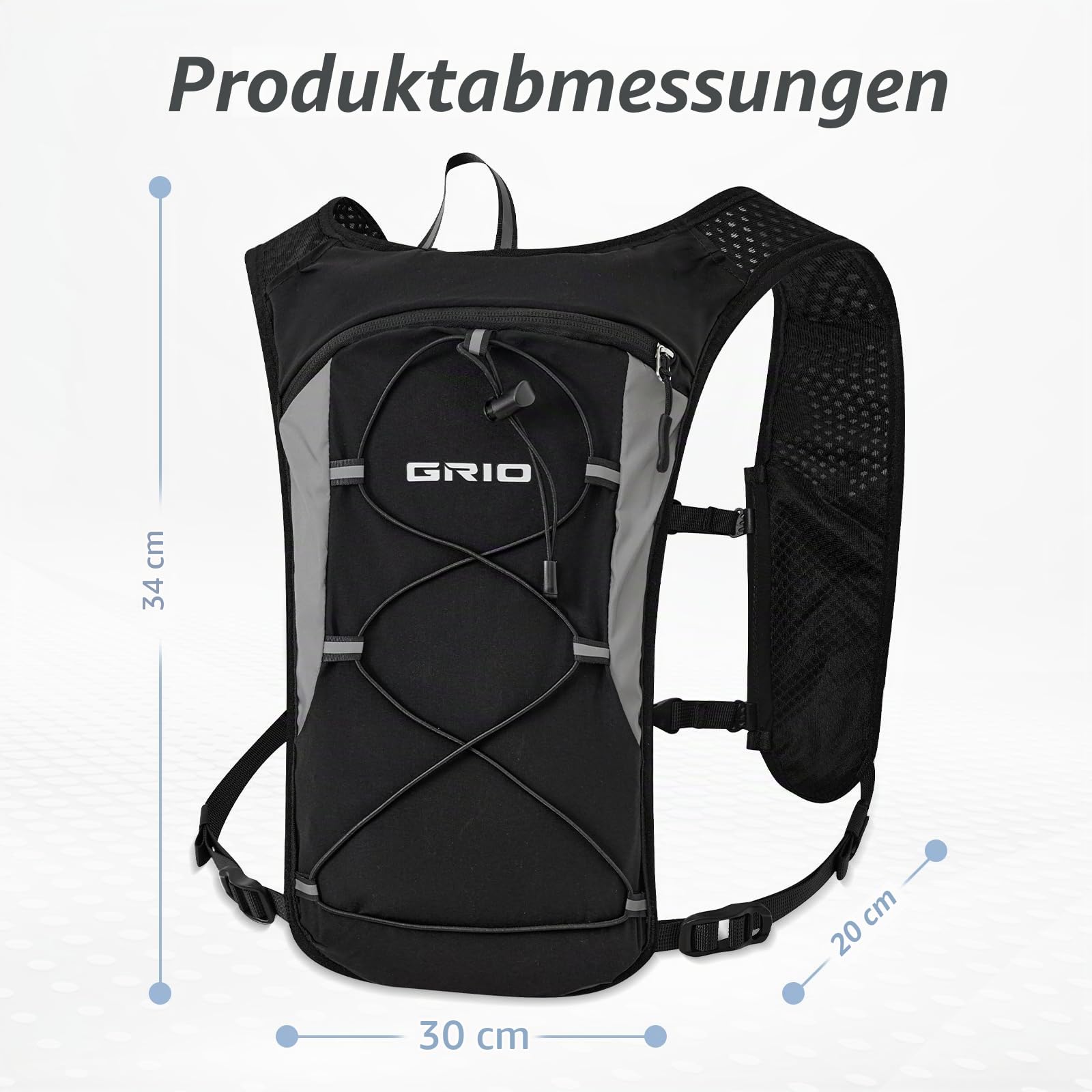 GRIO Laufweste Damen Herren mit 1,5L Trinkblase, Ultraleicht Verstellbar Reflektierend, Running Vest Trinkweste Laufen mit Handyfach, Laufrucksack Trinkrucksack für Wandern