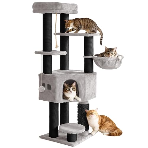 YITAHOME Kratzbaum, Katzenkratzbaum, für Große Katze, Katzenbaum, Katzenbürsten, 11 cm Dicke Stämme, Große Plattformen, Plüschkissen, Höhle, 50 x 50 x 157 cm, Hellgrau