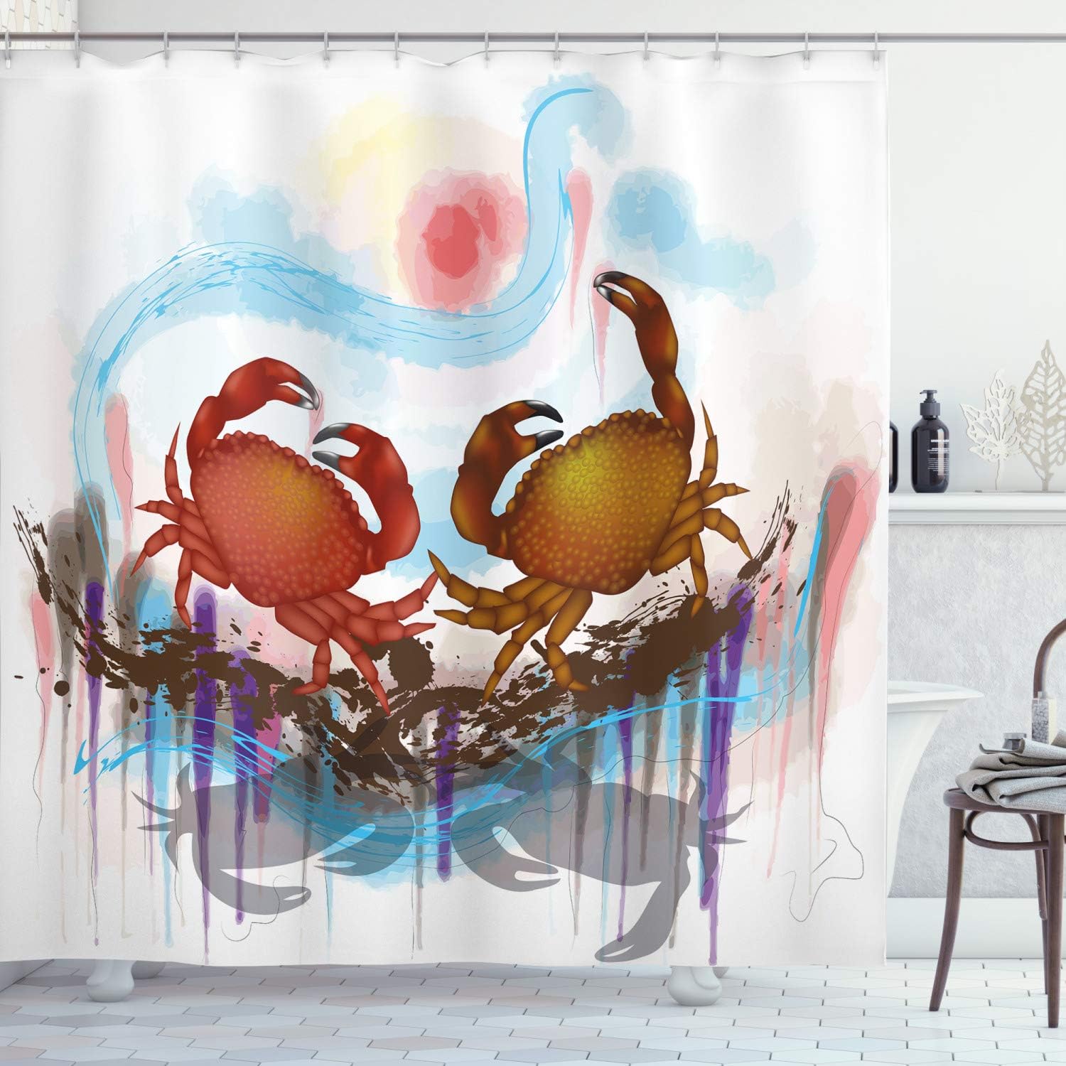 Ambesonne Crabs Shower Curtain, Sea Animals Theme 2 Crabs Dancing on The Abstract Grunge Background Print, Cloth Fabric Bathroom Decor Set with Hooks, 69" W x 70" L, Brown Pale Blue