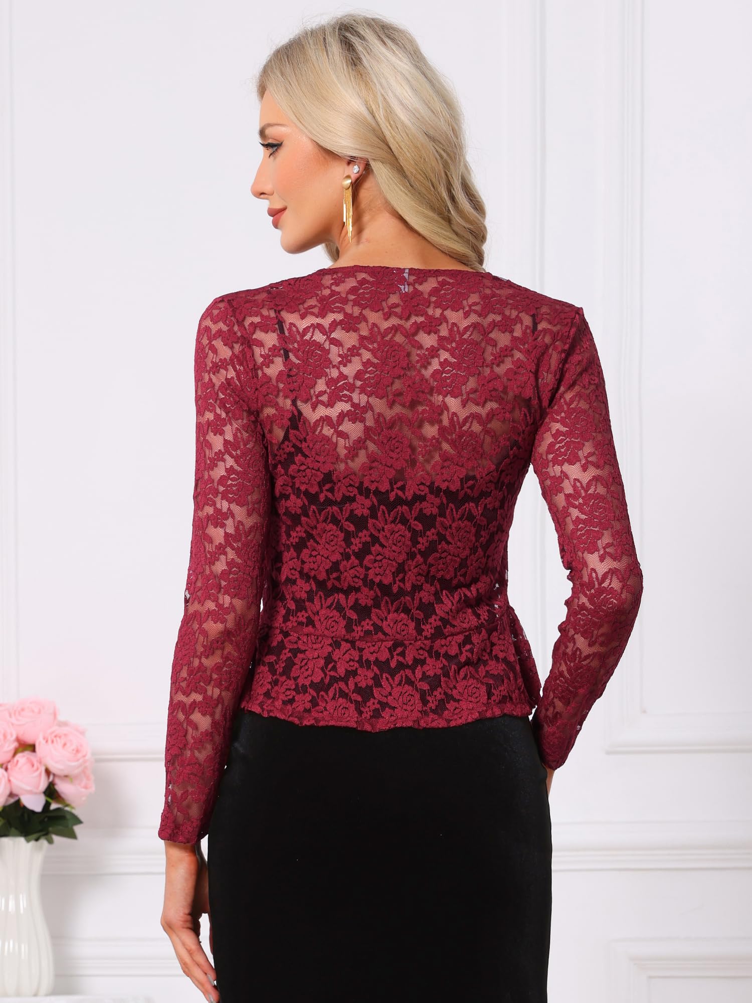Allegra K Cardigan à Nouer sur Le Devant pour Femmes avec Ourlet à Volants en Dentelle Florale