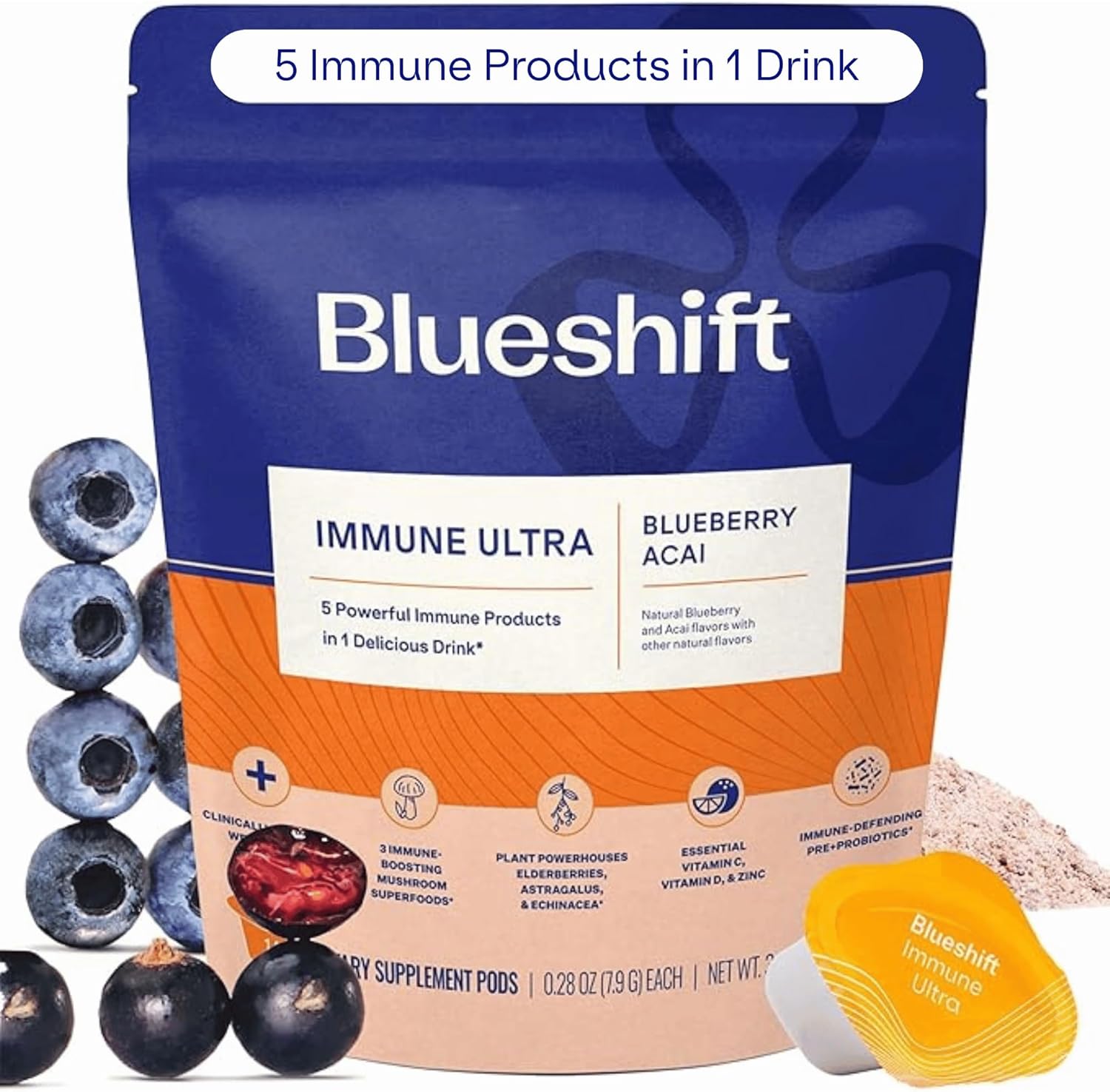 Immune Ultra – 5-in-1 Immune Support Powder Drink Mix, Immune Defense Vitamin Supplement with Vitamin C, Zinc, Superfoods, Antioxidants, Pre and Probiotics – Blueberry Acai Pods (14 Pack)
