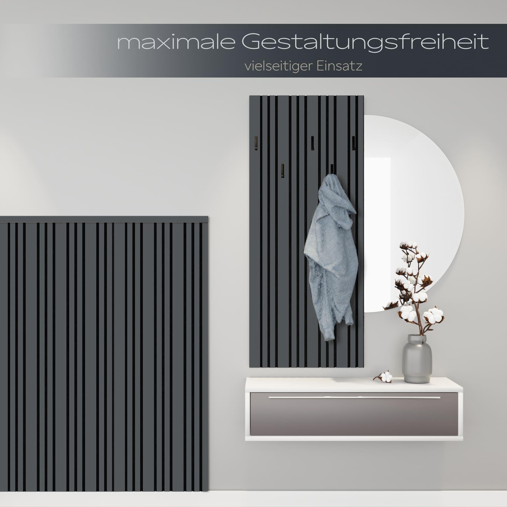 HEXIM Akustikpaneele 6 Stück 278x60cm Holz Mila - flexible Holzpaneele Platten Wandpaneele Wanddeko Kombipaneel Wandverkleidung Schalldämmung Akustikfilz anthrazit (10.02m² Black Lead)
