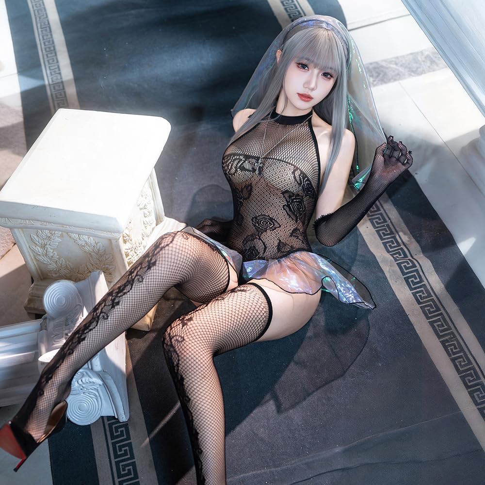 sexy Bridal Lingerie for women bodysuit outfit Dress Anime Roleplay embroidery Cosplay Costume Halloween Party Skirt Babydoll veil necklace gloves stockings Set Black