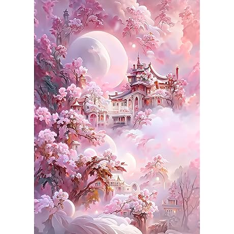 EOBROMD Pink Flower Castle Diamond Art Painting Kits for Adults