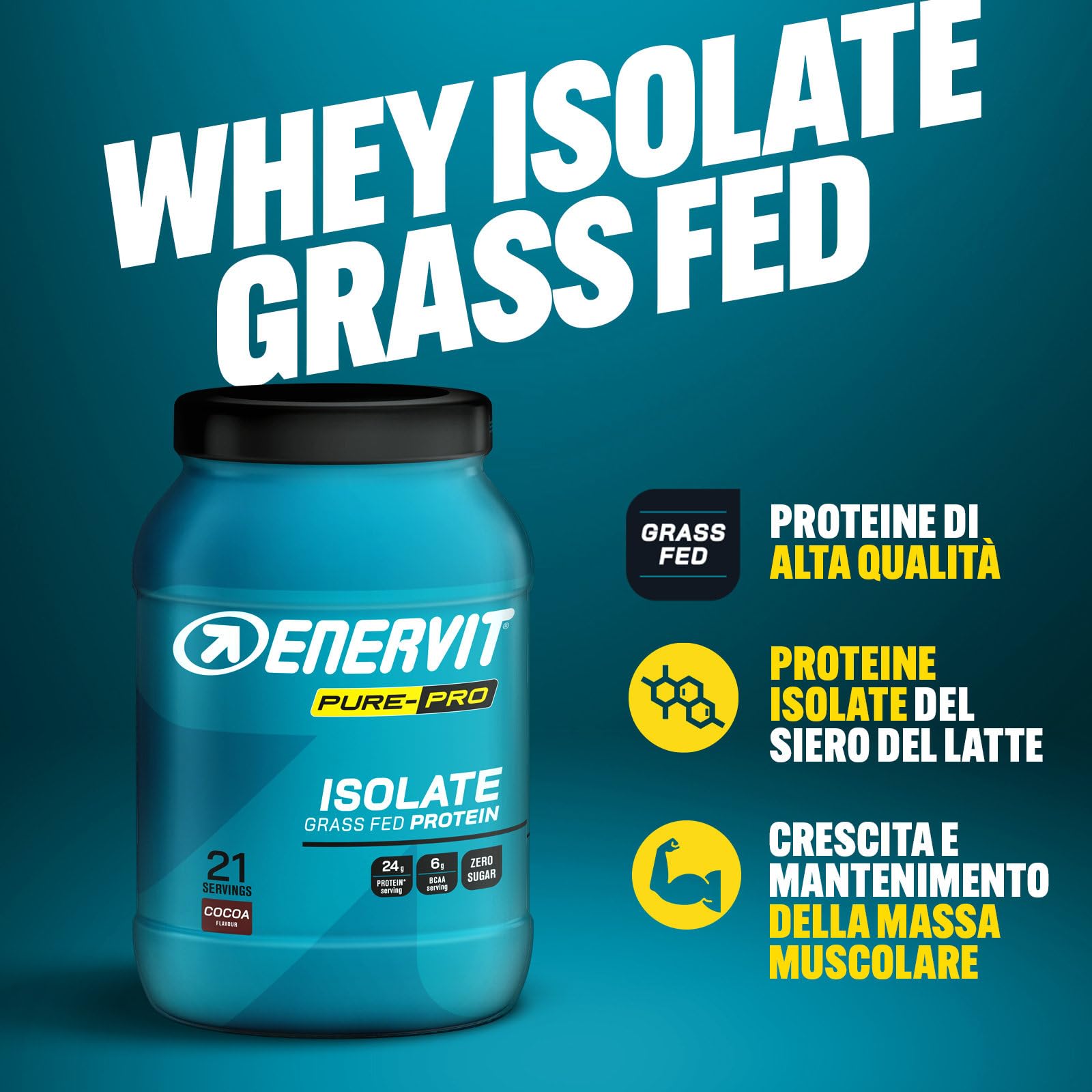 Enervit Pure-Pro Proteine in Polvere Isolate Whey Protein Grass-Fed Gusto Cacao,100% Proteine del Siero del Latte, Concentrato con Vitamina B6, Carica Proteica Post Workout, con Vitamina B6, 630 g