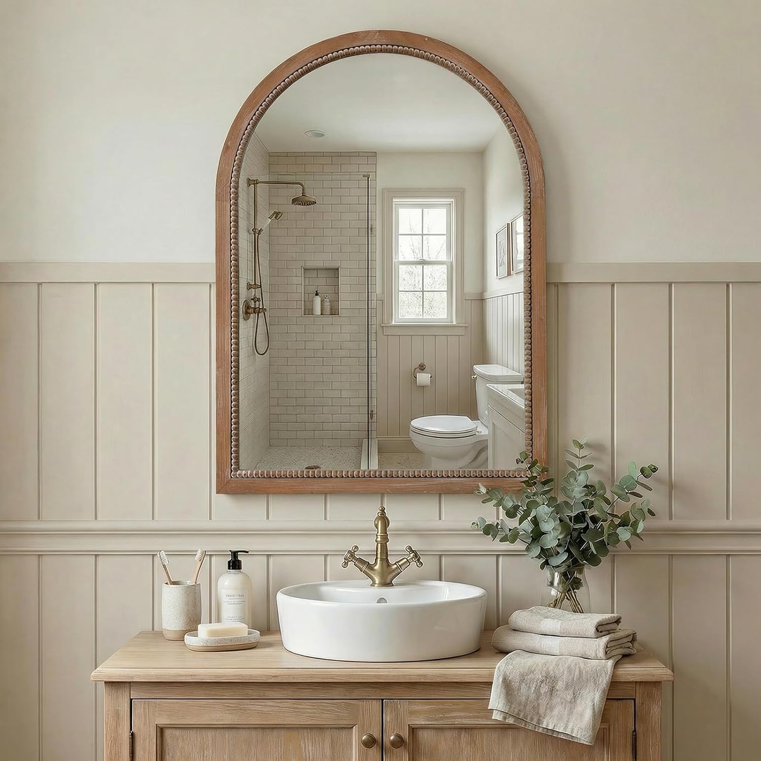 Arch Wood Mirror,22x30 inch Arched Rustic Farmhouse Natural Wooden Frame Boho Beads Wall Mirror for Bathroom,Living Room,Bedroom or Entryway