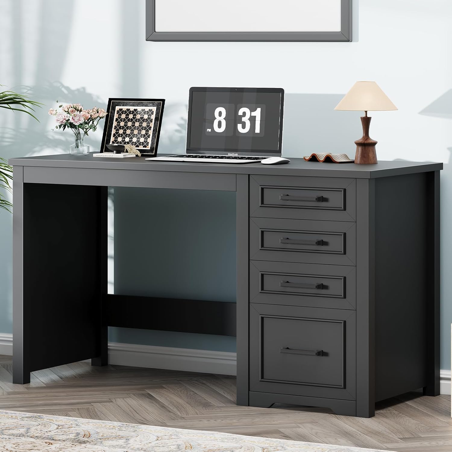 Vabches Farmhouse 49” Executive Desk with File Drawer, 4 Drawers Reversible Computer Desk with Storage, Rustic Home Writing Workstation for Home Office.Black