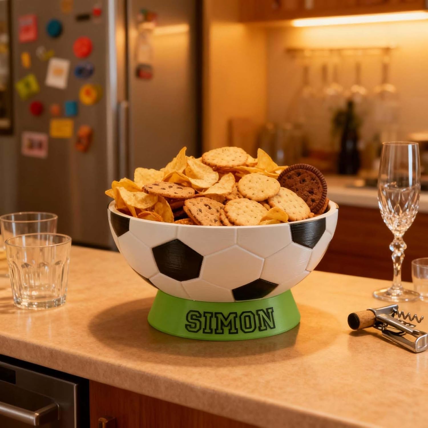 Drawelry 3D Printed Sports Snack Bowl, Basketball Ball Shaped Serving Tray for Chips Popcorn Candy, Reusable Party Bowl Gift for Sports Fans (Soccer)