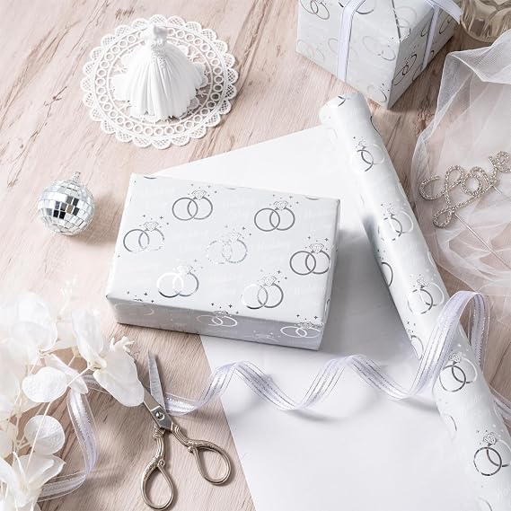 WRAPAHOLIC Wedding Wrapping Paper Roll - Mini Roll - 17 Inch x 33 Feet - Silver Foil Diamond Ring and Wed Day Lettering Design Perfect for Wedding, Celebration, Party