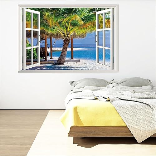 Miniatura 5 de Adhesivo de pared 3D de paisaje marino de playa, océano azul y palmera, paisaje creativo, calcomanías de pared de vinilo extraíbles para sala de