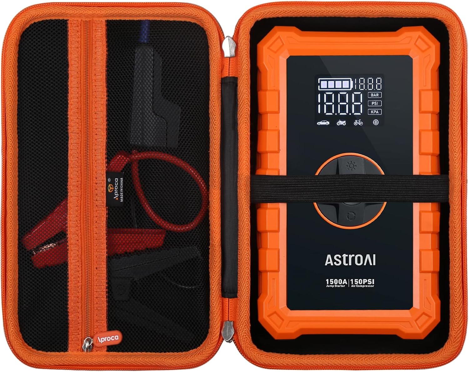 Aproca Jump Starter Case Compatible with AstroAI S8 Air Jump Starter Air Compressor, Portable Storage Bag for Jump Starter Accessories -Black with Orange zipper (Case Only)