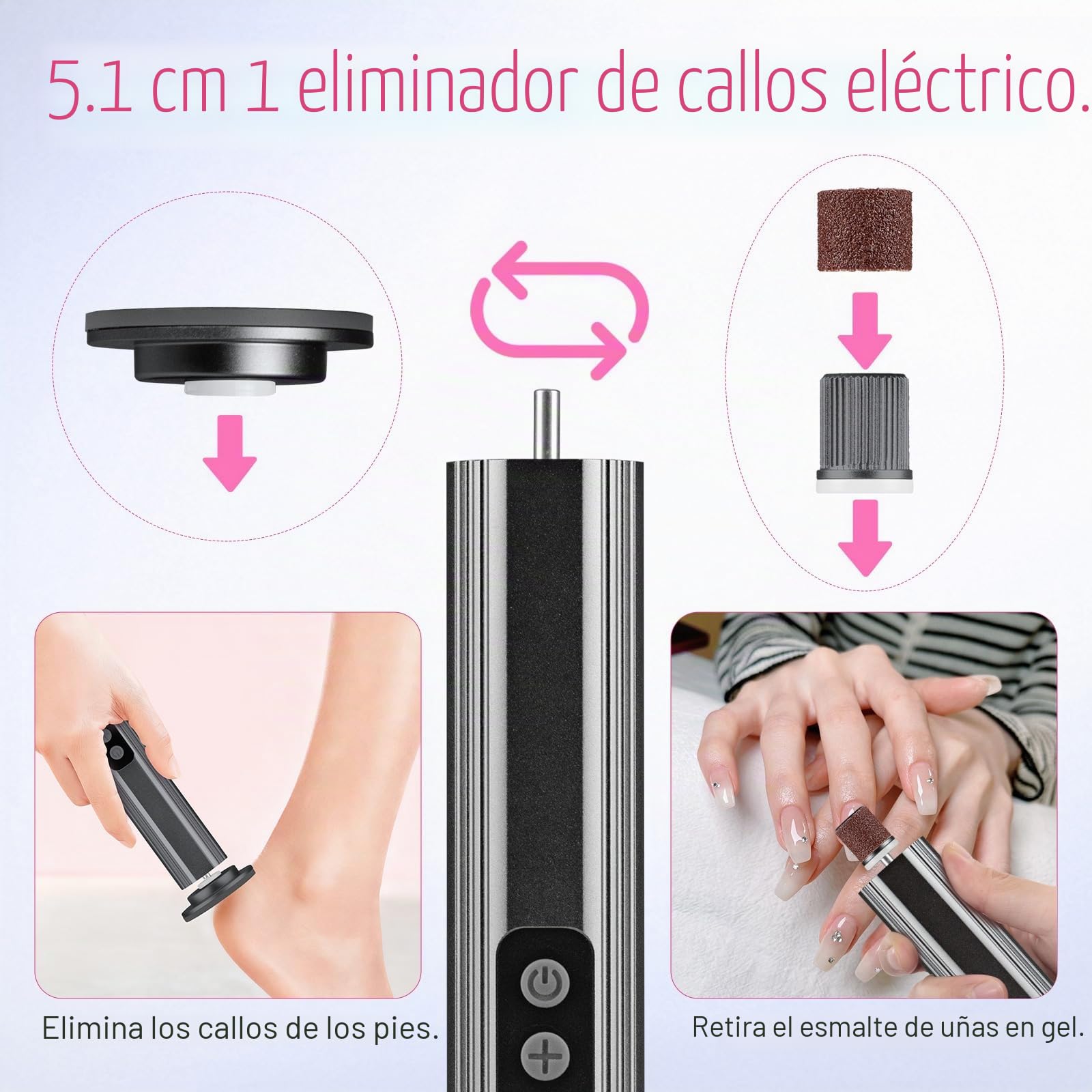 2 en 1 Lima Electrica Pies Durezas Inalámbrica 2600mAh con 9 Velocidades Ajustables, Maquina Quita Callos Pies 2 Placa Pulido de Vidrio Nano, Limador de Durezas Electrico, Gris