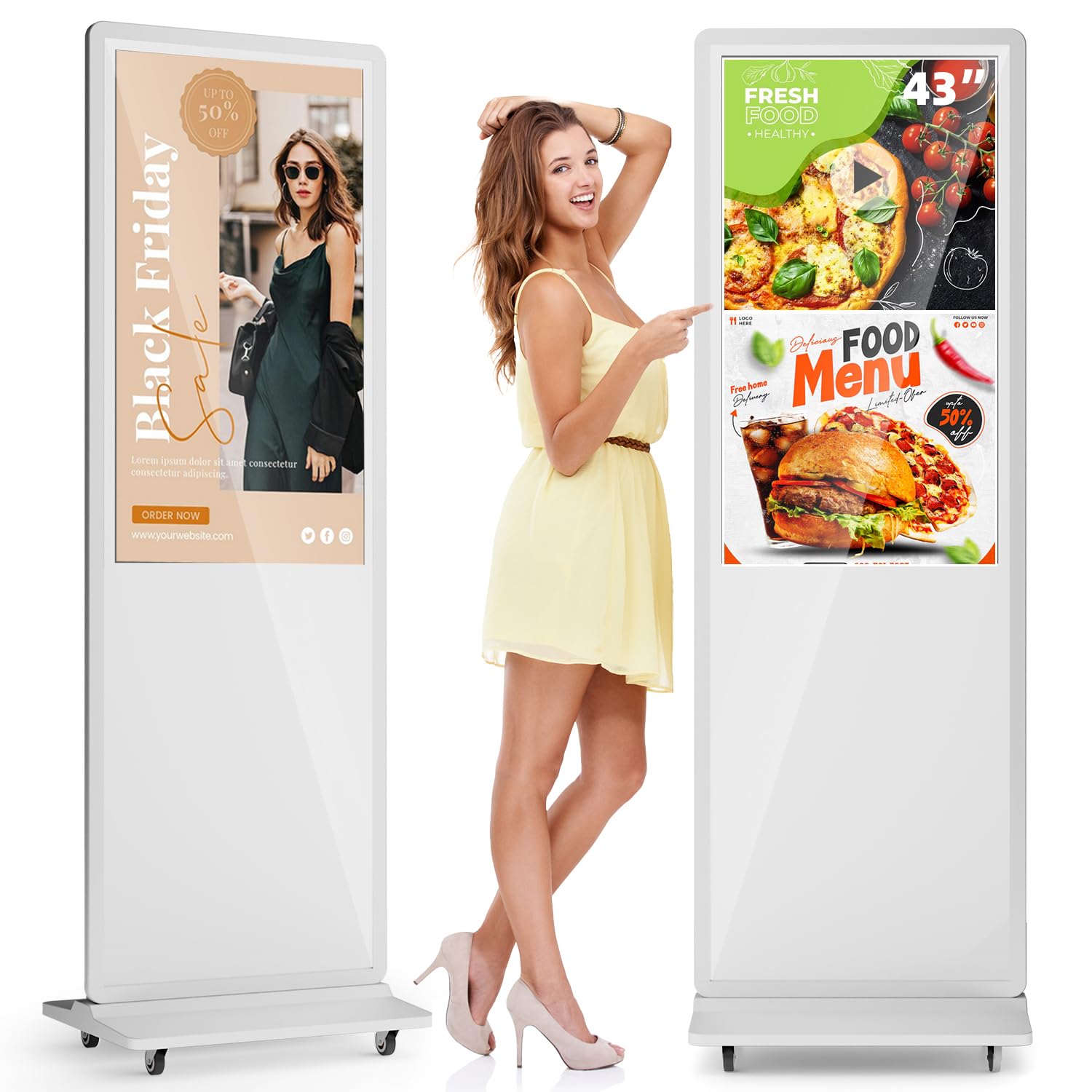 MWE 43 Zoll Touchscreen Digitaler Kundenstopper mit 4 Rollen, Werbedisplay Digital, LCD Digital Signage Display, Geeignet für Einzelhandelsgeschäft, Restaurant, Einkaufszentrum und Gewerbezentrum