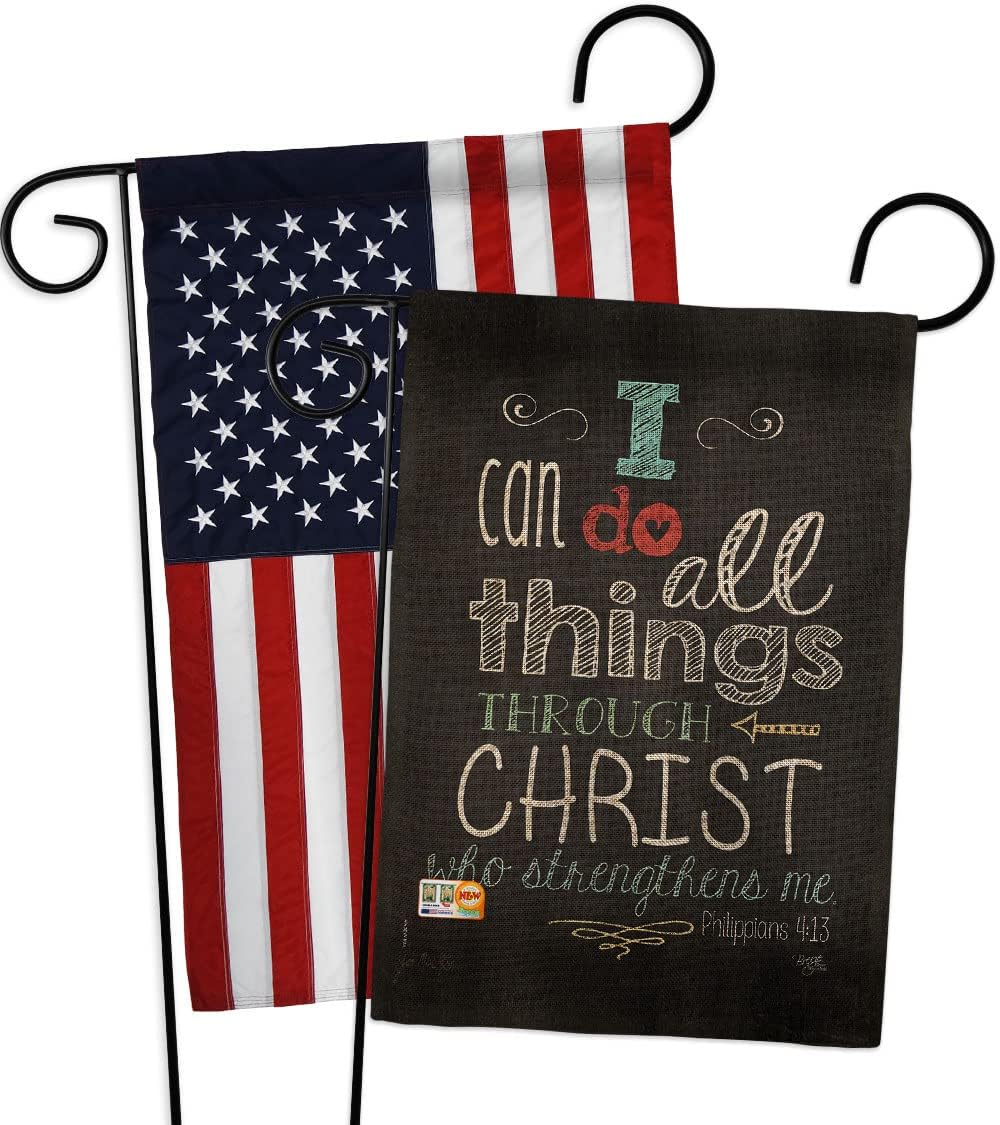 All Things Through Christ Garden Flags 2pcs Pack Religious Bible Verses Bless Faith Thank Hope Pray Christian Religion Small Decorative Gift Yard House Banner Double-Sided Made In USA 13 X 18.5