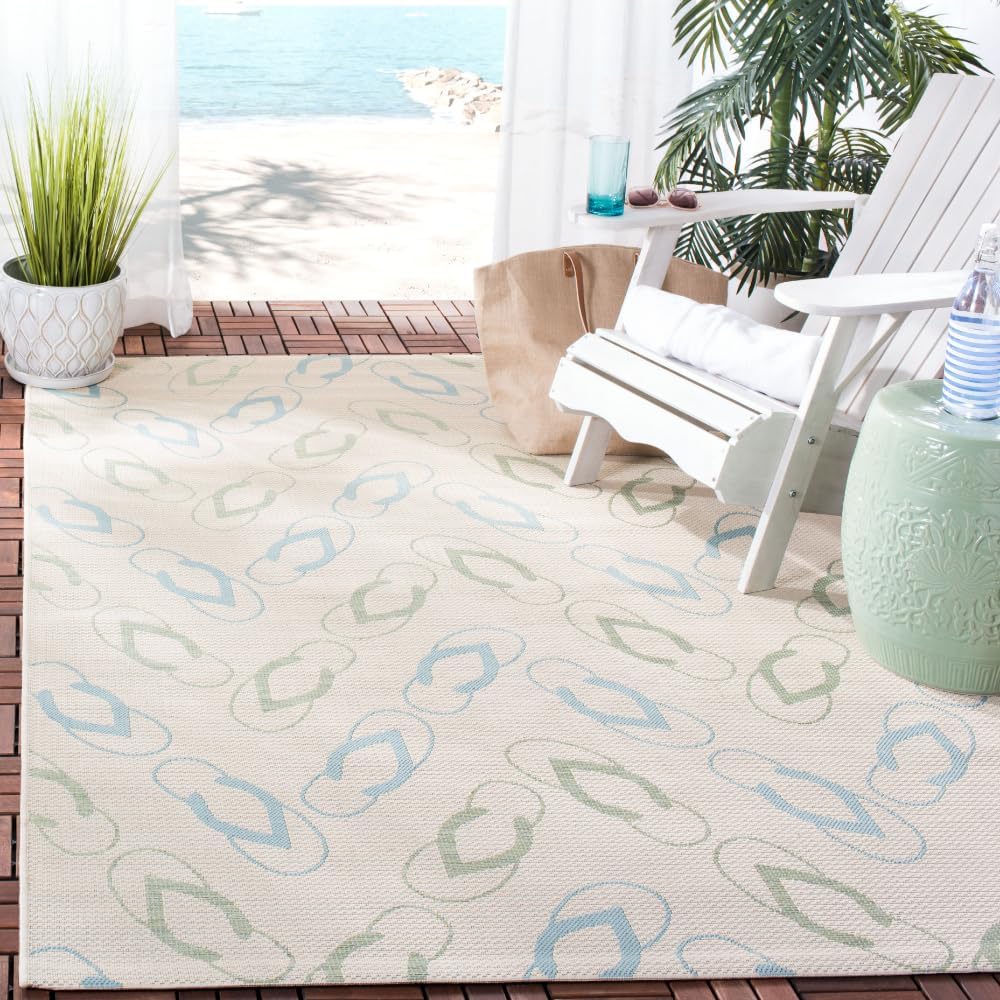 SAFAVIEH Washable Rug Outdoor Courtyard Collection - 4' x 5'7", Beige & Aqua Blue, Non-Shedding & Easy Cleaning, Ideal for Patio, Backyard, Mudroom (CY7420-213A24)