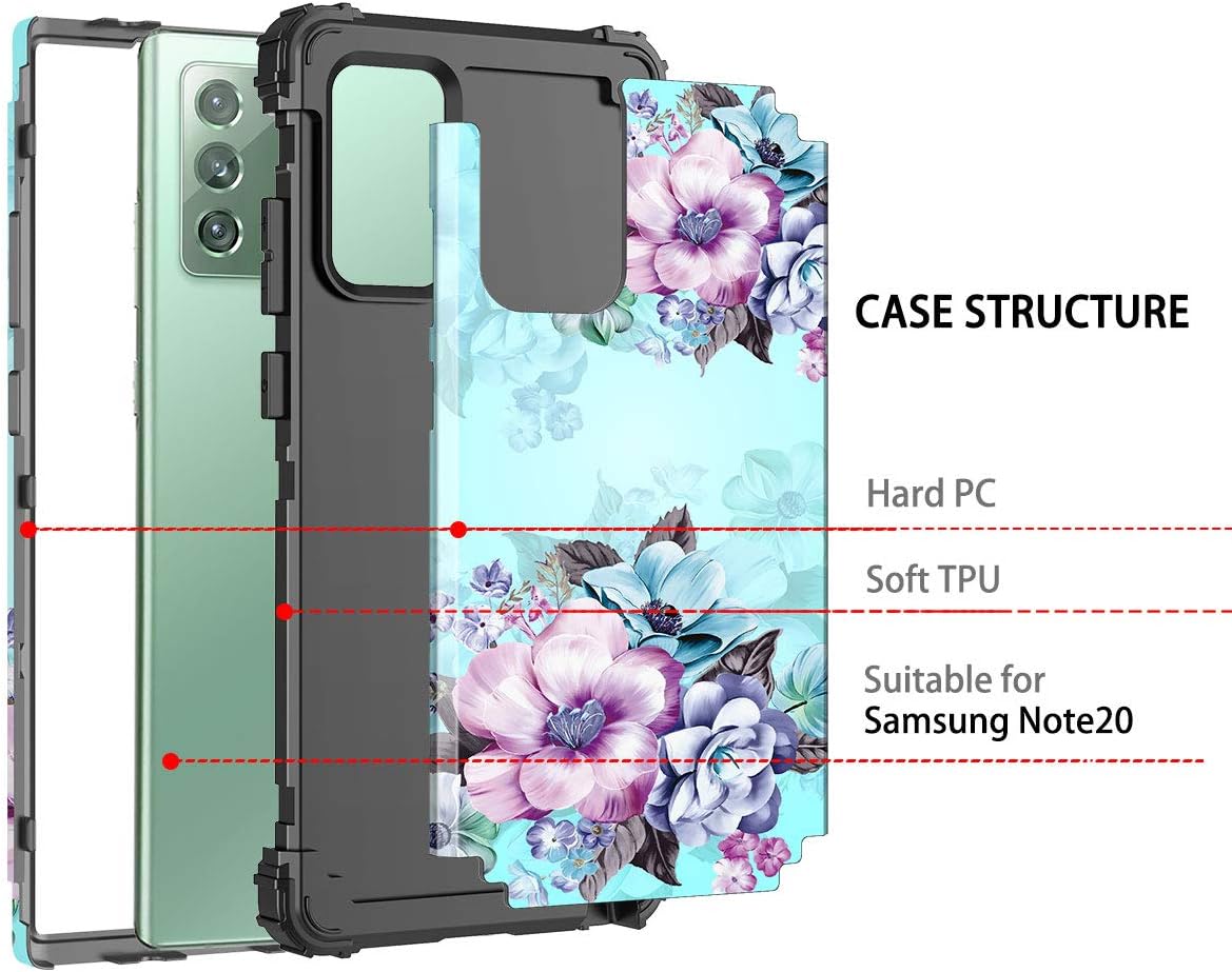 Casetego Compatible with Galaxy Note 20 Case,Floral Three Layer Heavy Duty Hybrid Sturdy Shockproof Full Body Protective Cover Case for Samsung Galaxy Note 20,Blue Flower