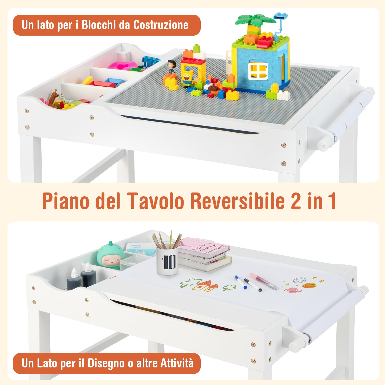 COSTWAY Tavolo da Gioco per Bambini in Legno con Piano Reversibile, Tavolo Multiattività Bambini 2 in 1, Porta Rotolo di Carta da Disegno, per Camera da Letto, Soggiorno (Bianco)