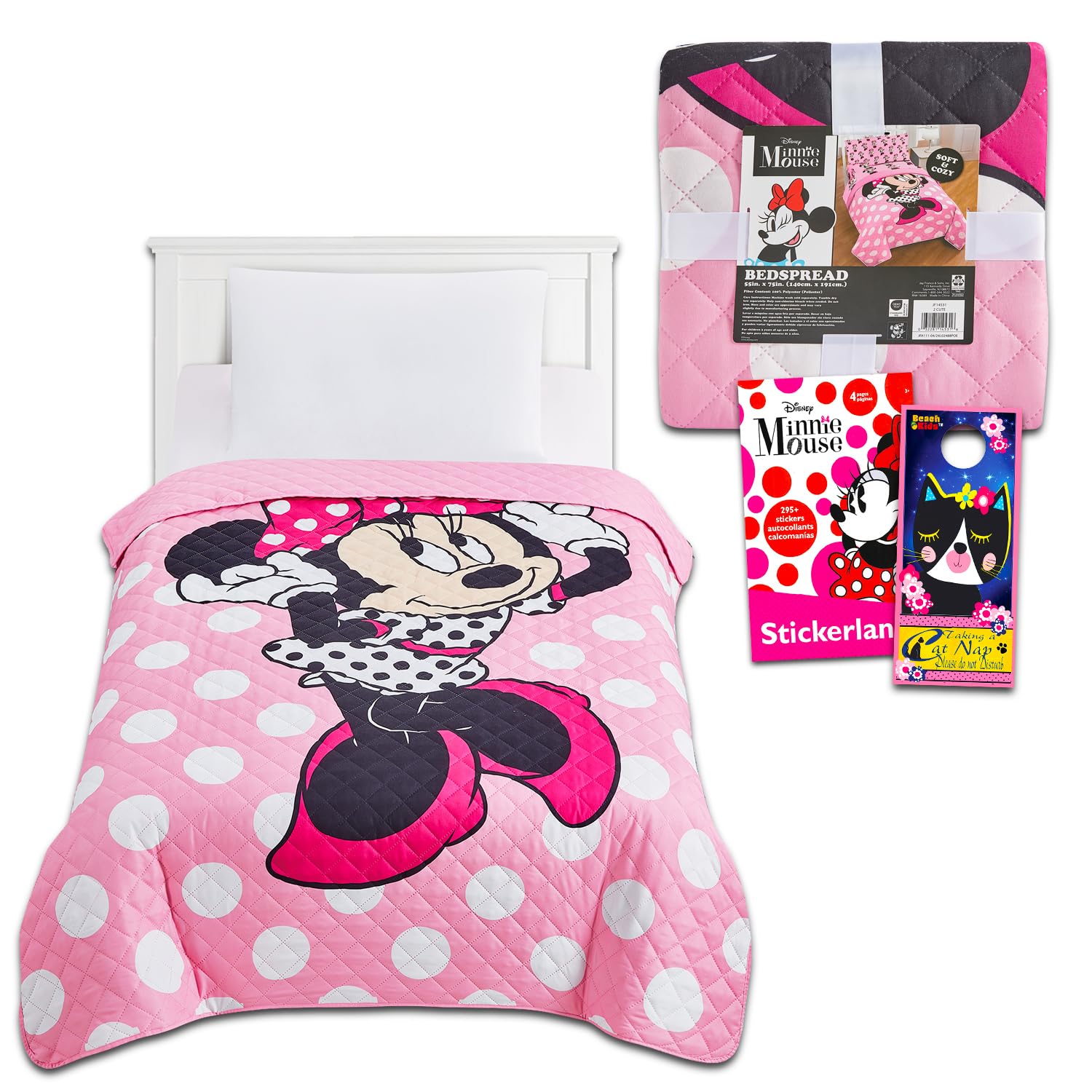 Parure de lit Minnie Mouse pour lit enfant simple avec couvre-lit matelassé et autocollants