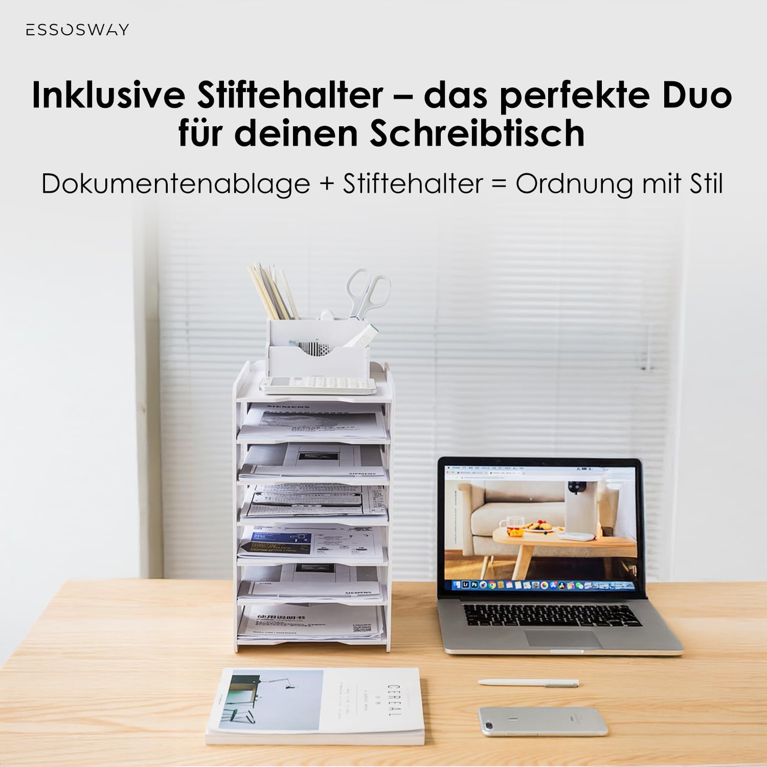 Schreibtisch Organizer - A4 Dokumentenablage - mit Ablagefächer und Stiftehalter - 7 Schubladen - Büro Home Office Zubehör - Weiß