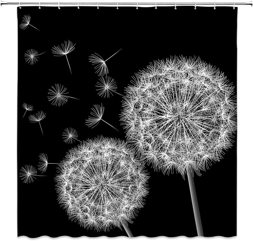 AMFD Dandelion Shower Curtain Black and White Flower Dandelion Seeds Blown Away Cute Monochrome Plant Nature Fabric Bathroom Decor Set Include Hooks,(84" Wx70 H)