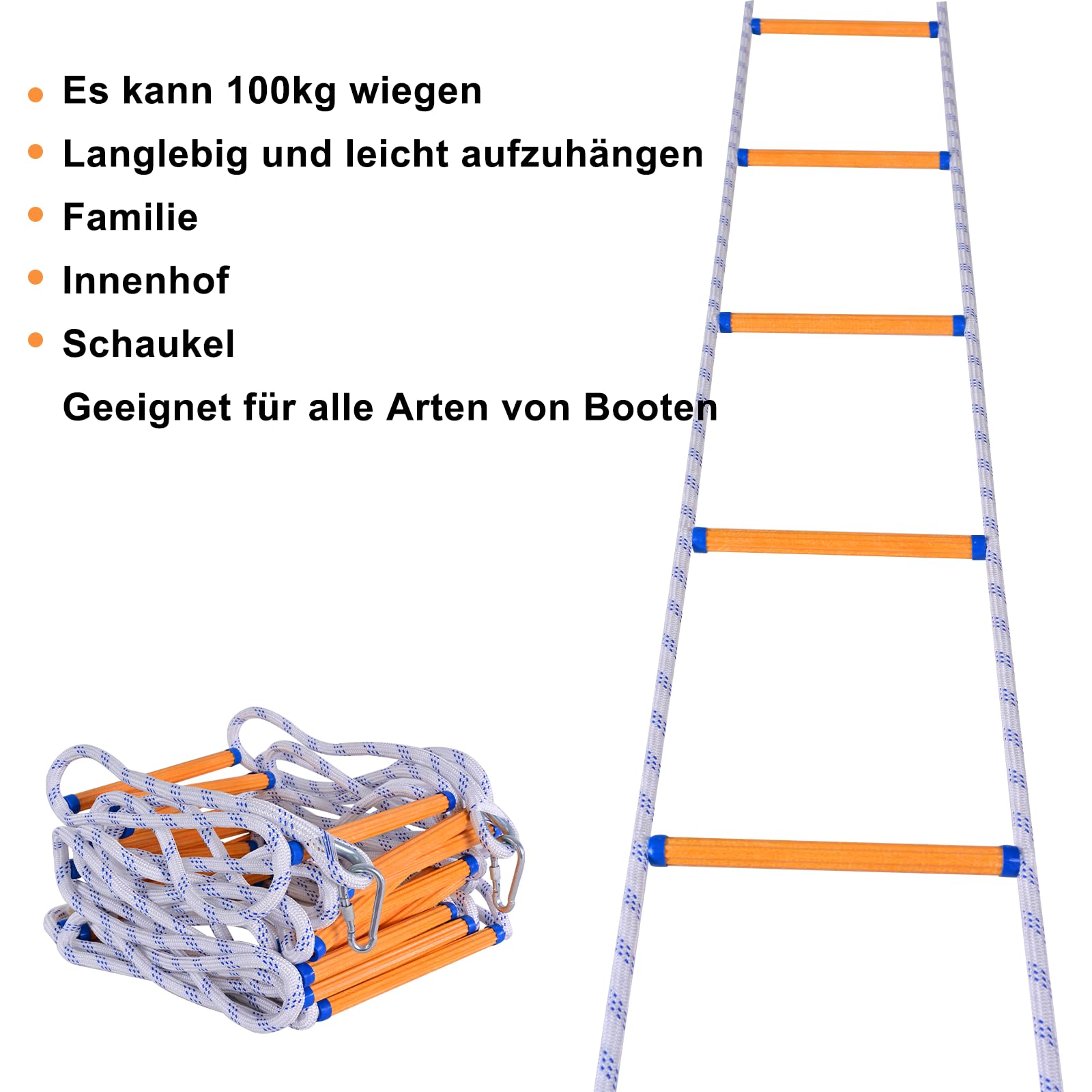 Scala di Corda, Scale di Emergenza 15M Scaletta di Corda di Sicurezza Portatile Scala Pieghevole con 2 Ganci per Finestra Balcone e Ringhiera per Bambini Adulti (10mm)