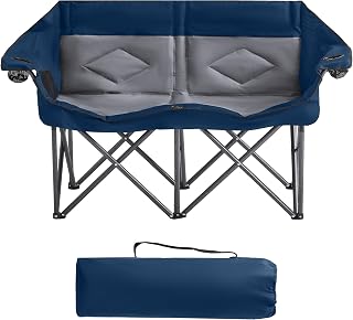 Foldable Double Camping Chair for 2 Person Heavy Duty Oversized Loveseat Supports 800 LBS with Cup Holders & Side Pocket for Camping, Picnic, Beach (Blue, 1 PCS)