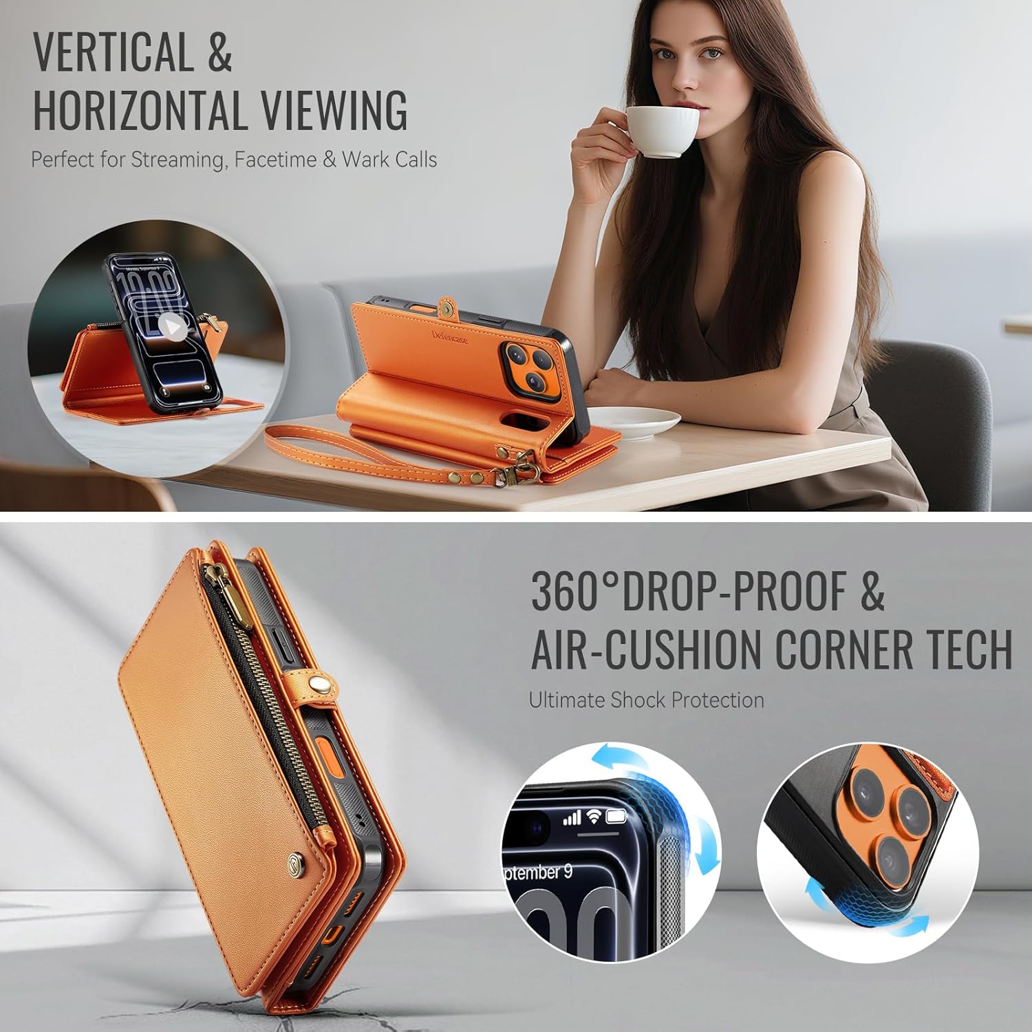 Defencase for iPhone 17 Pro Magnetic Wallet Case Compatible with Magsafe with RFID Blocking Zipper & Card Holder for Women Men PU Leather Strap Detachable Case for iPhone 17 Pro (6.3 inch), Orange - Image 5