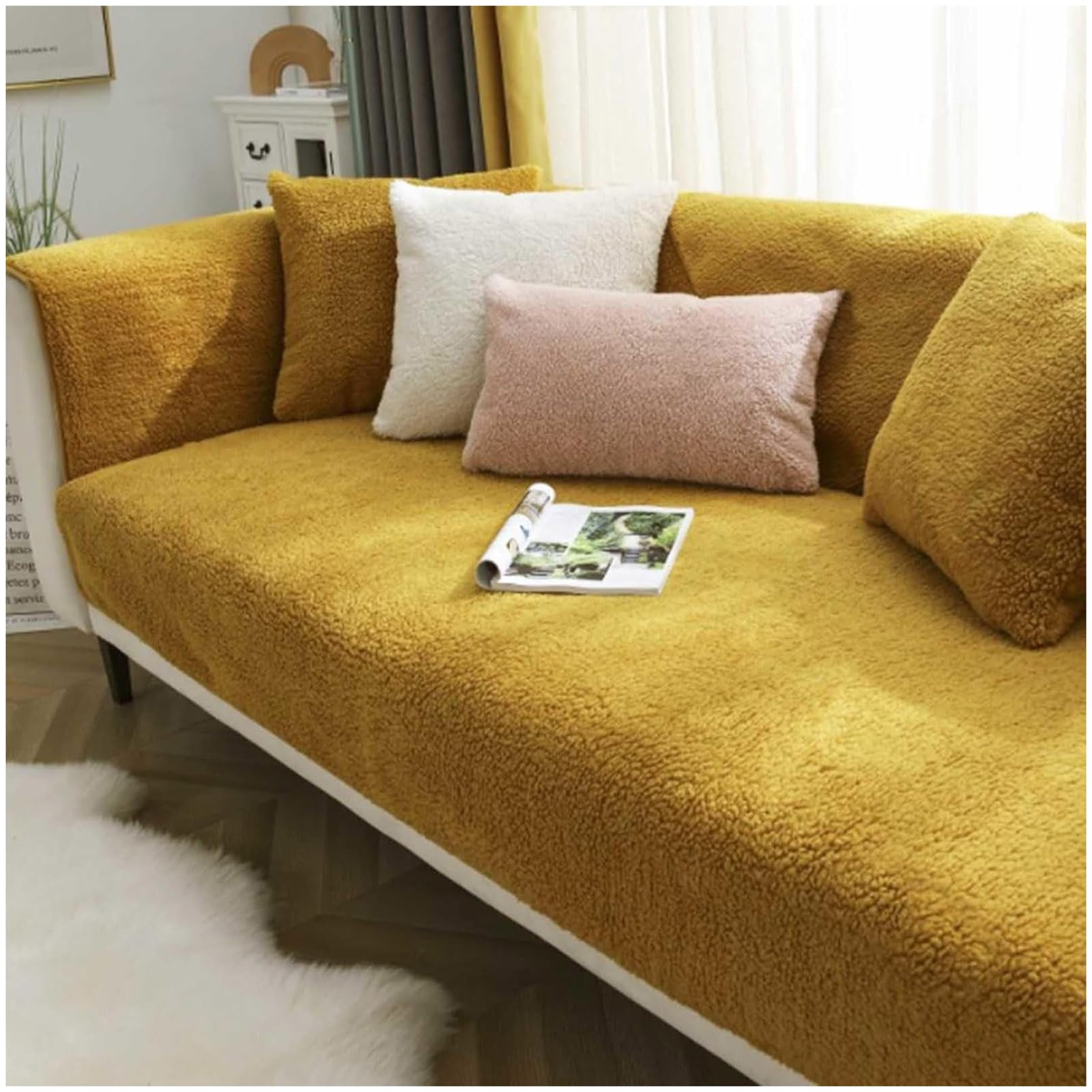 BDMFJY Thick Lambswool Fuzzy Sofa Cover 1 2 3 Seater, 2024 New Universal Non-Slip Corner Sofa Cover L Shape Super Soft Faux Fur Sofa Slipcovers for Living Room,Yellow,90x240cm