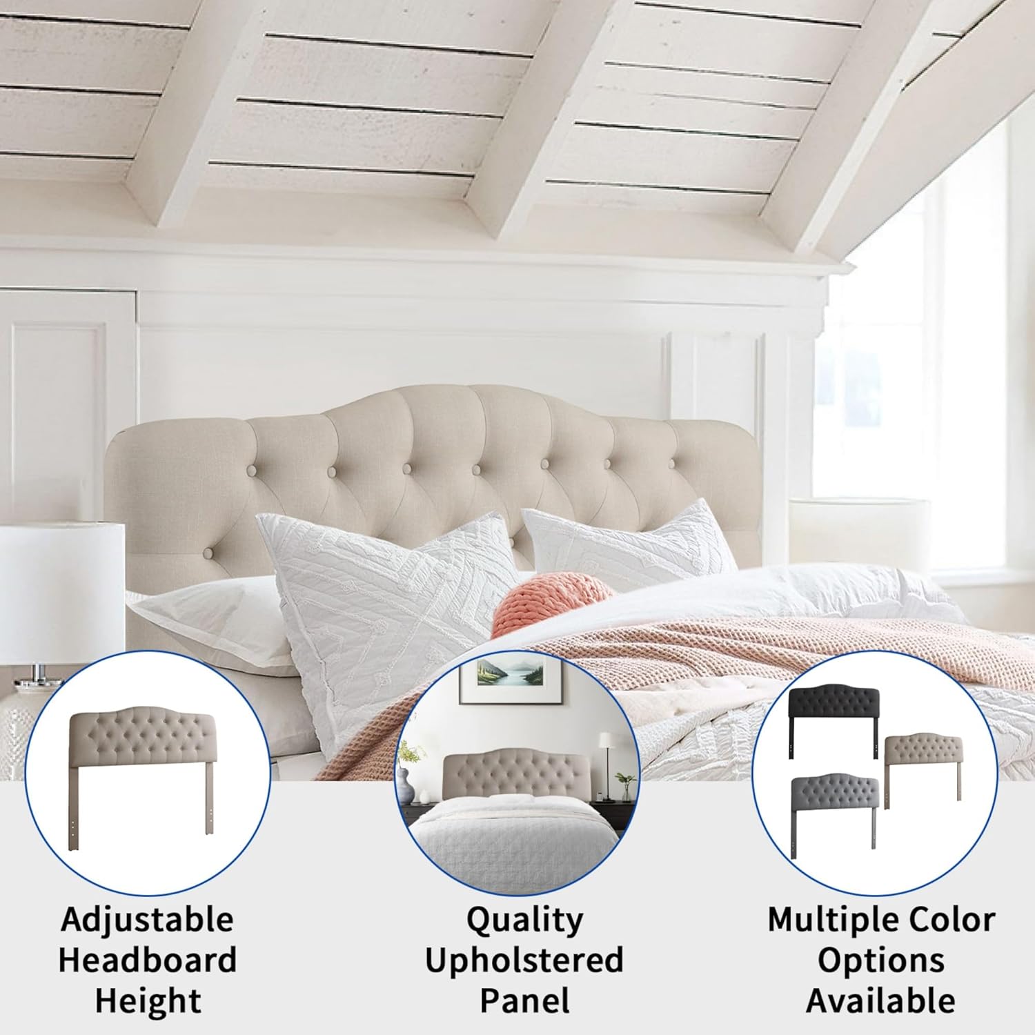 Rosevera Givanna Adjustable Heigh Headboard with Linen Upholstery and Button Tufting for Bedroom, Queen, Textile Beige