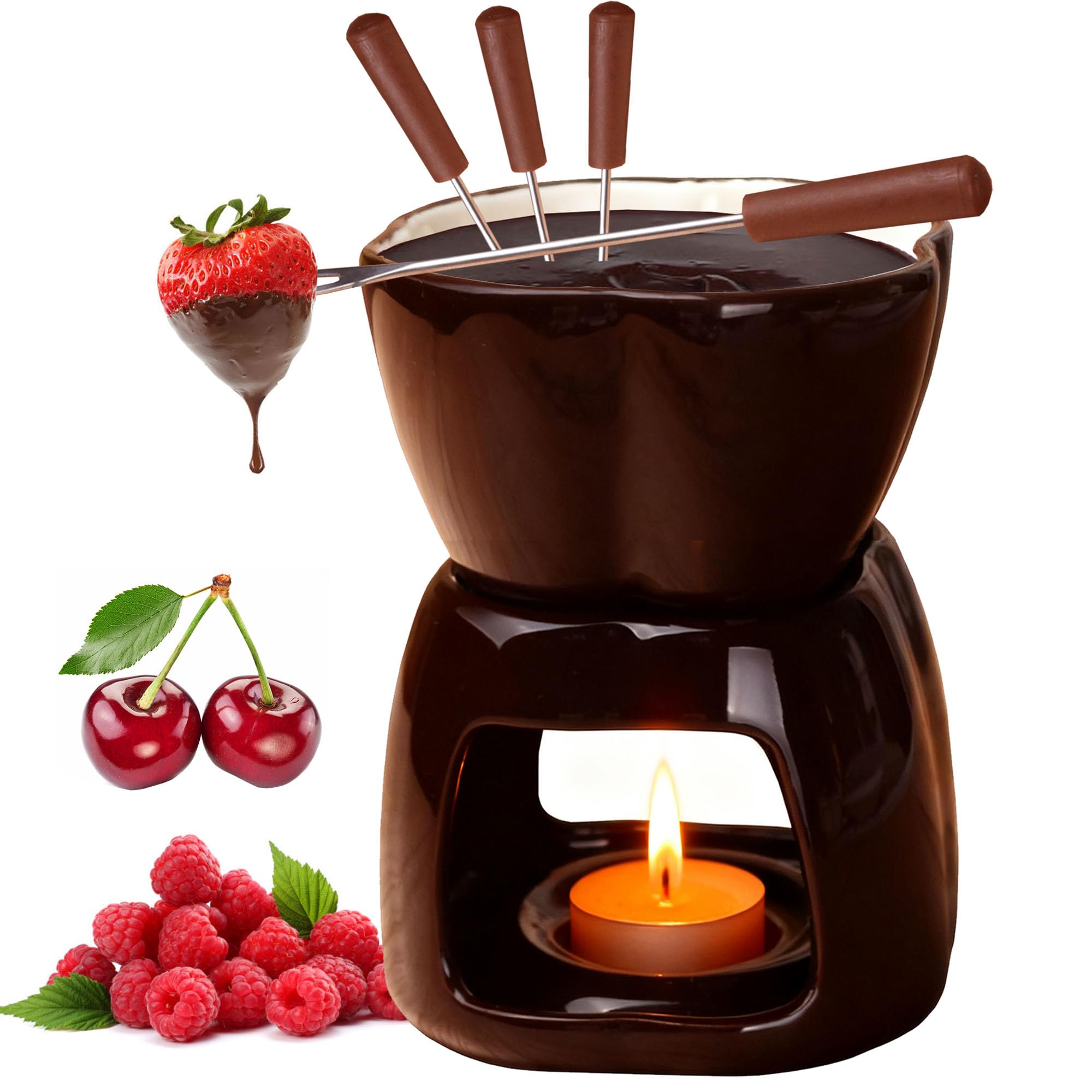 MZSX Chocolate Cheese Fondue Pot Set, Complete Cheese Fondue Sets with Fondue Pot Candle & 4 Forks, Mini Fondue Pot Chocolate Fondue Mug Porcelain Melting Pot, for Home