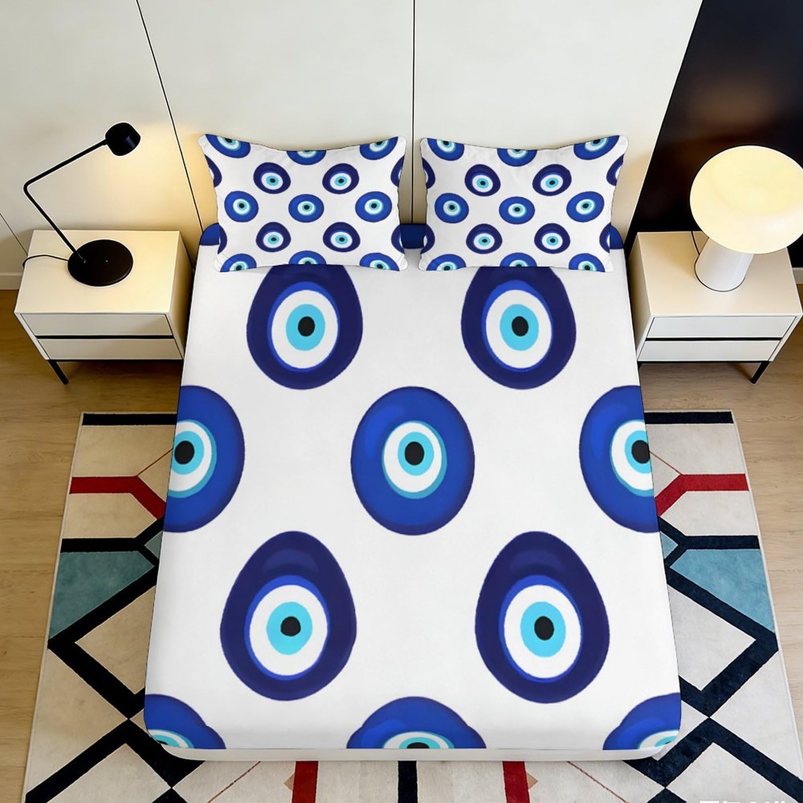 3D Printed Evil Eye Fitted Sheet Microfiber Blue Pattern Bed Cover for Bedroom Guest Room Mattress Protection Decor 90x200x25cm