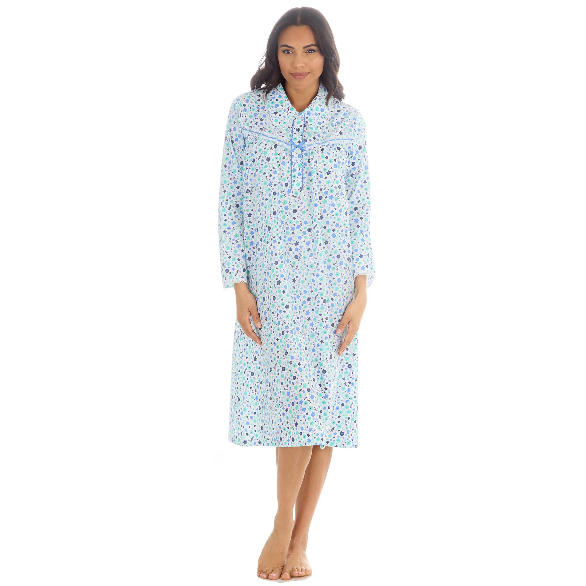 Metzuyan WS-SS25 Ladies Long Sleeve Woven Poplin Nightie Floral Winceyette Nightdress Classic Nightshirt with Collar Blue 10-12