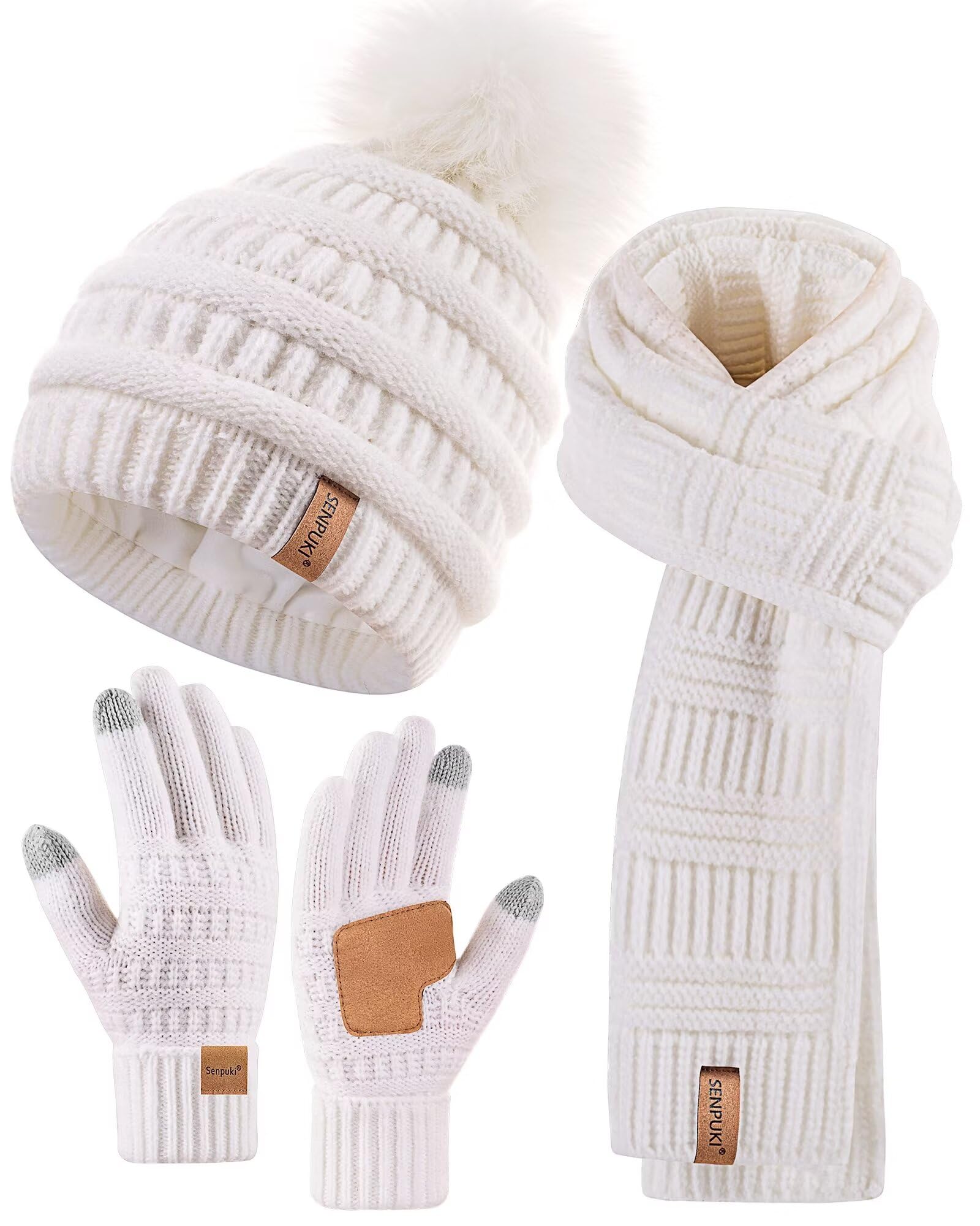SENPUKI Womens Winter Beanie Hat Scarf Gloves Set, Cute Pom Pom Beanie with Warm Fleece Lined Long Knit Neck Scarf Touchscreen Gloves, 3 Piece Set for Cold Weather(White)
