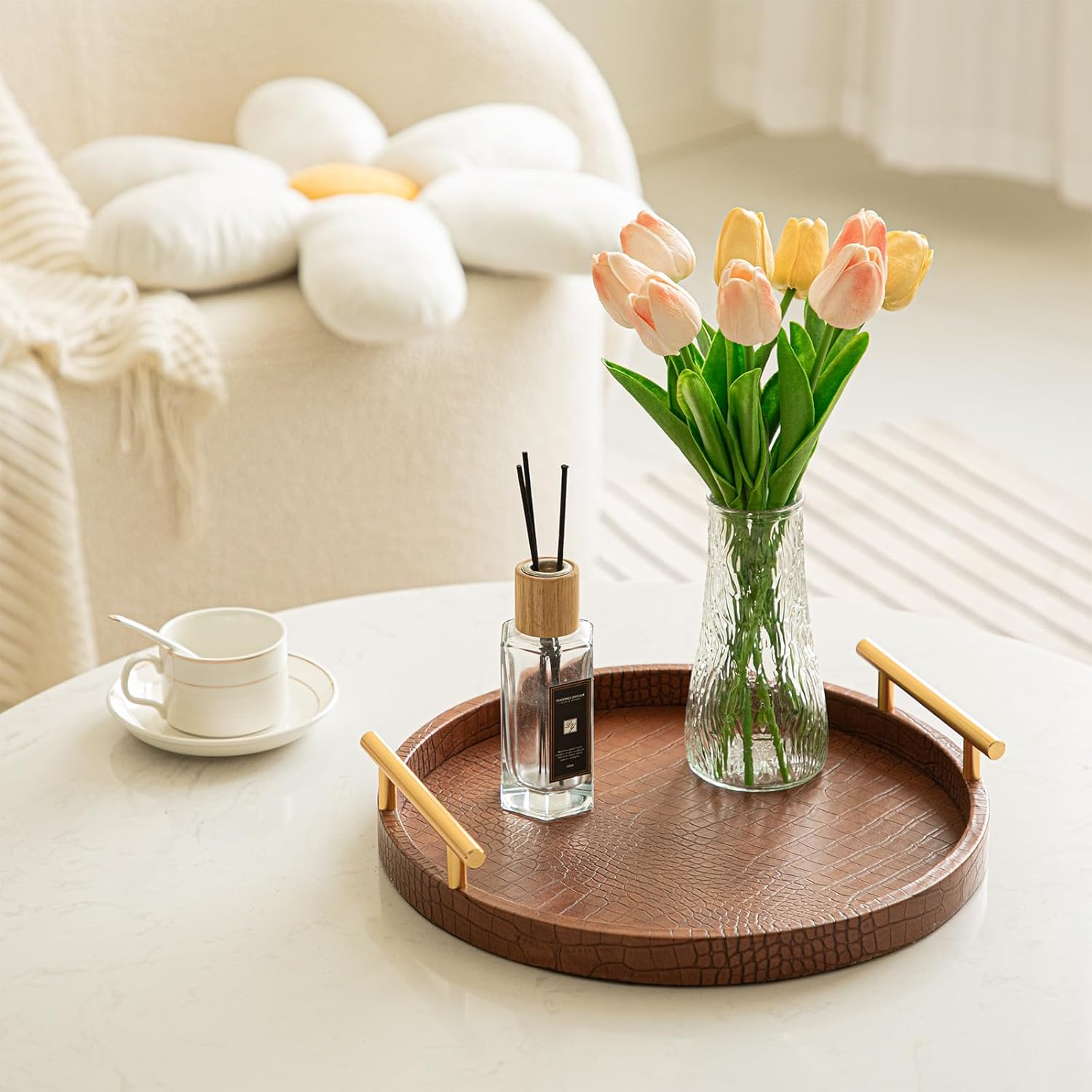 Modern Decorative Serving Tray, Set of 2 Modern Crocodile Leather Round Trays with Polished Metal Handles, Decorative Trays Coffee Table Tray Ottoman Platter for Home Decor (Brown)