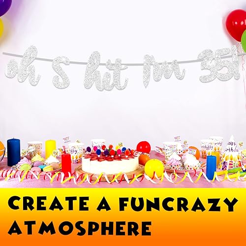 Miniatura 5 de Oh S*it I'm 35! - Telón de fondo con purpurina plateada Hello 35 Cheers to 35 años de edad, decoraciones temáticas para hombre y mujer, suministros