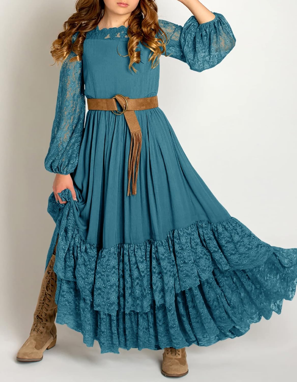 MITILLY Girls Boho Long Sleeve Backless Lace Flower Square Neck Tiered Ruffle Swing Party Maxi Dress - Image 2