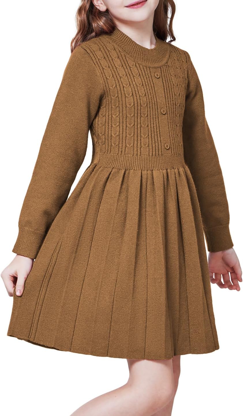 WULFUL Girl's Sweater Dress Long Sleeve Button Pleated Casual Fall Winter Knit Dresses 5-12Y Coffee 7-8 Years