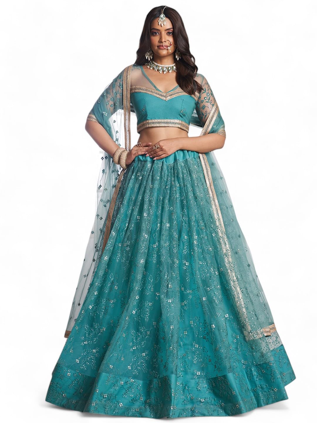 Women's Cotton Thread Sequins Work Embroidery Soft Net Readymade Lehenga Choli Set With Dupatta (Nfh-2201-Rama-Green-Women-Lehenga-Choli-Latest; Free Size)-image-38