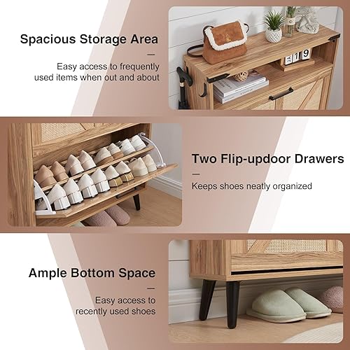 Miniatura 5 de Armario de almacenamiento de zapatos, organizador de zapatos de granja con 2 cajones abatibles y diseño de puerta de granero, armario independiente
