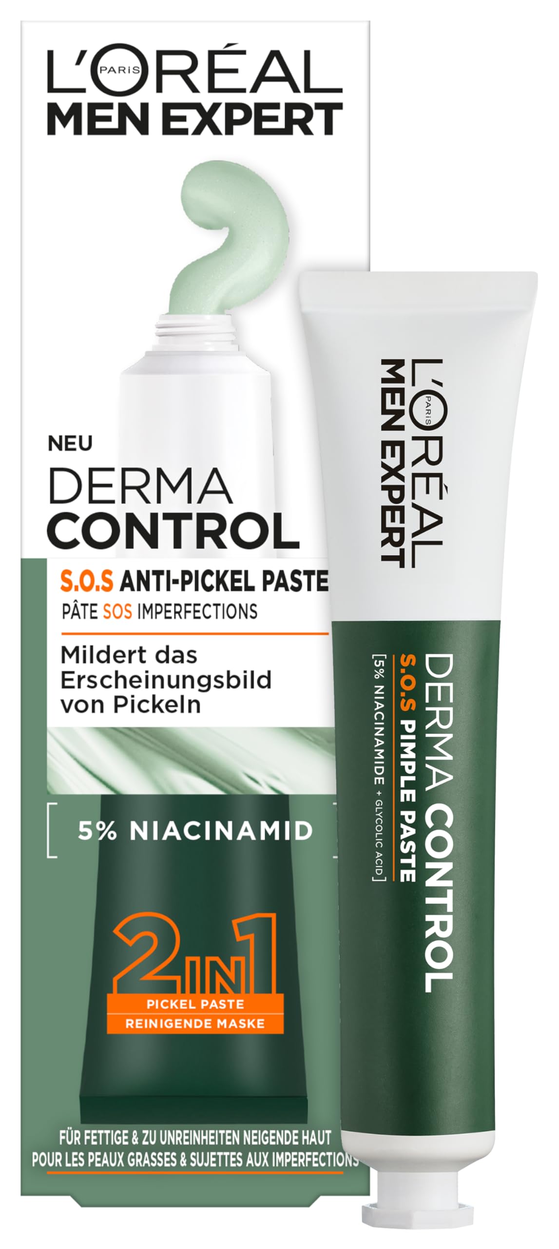 L'Oréal Men Expert S.O.S pasta pryszczowa 2 w 1 dla mężczyzn, również jako maska na twarz dla skóry zanieczyszczonej i skłonnej do trądziku, oczyszczanie twarzy dla mężczyzn z 5% niacynamidem, Derma