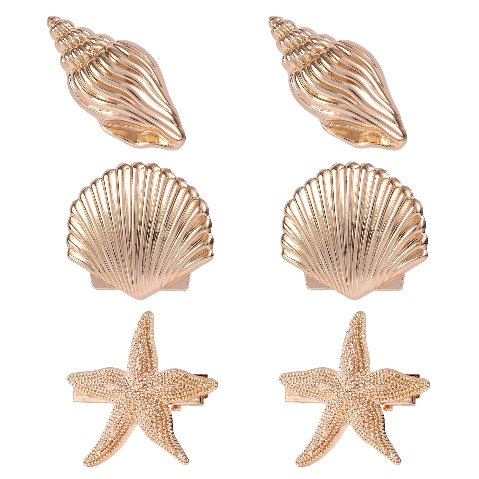 6pcs Conch Seashell & Starfish Hair Clips for Women Girls Gold Small Ocean Alligator Clips Metal Summer Vacation Beachy Hair Barrette Accessories for Holiday Beach Party